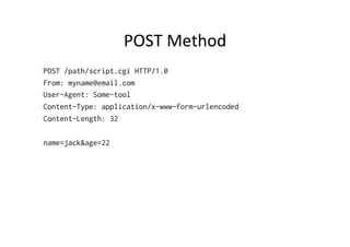 POST	
  Method	
  
POST /path/script.cgi HTTP/1.0
From: myname@email.com
User-Agent: Some-tool
Content-Type: application/x-www-form-urlencoded
Content-Length: 32

name=jack&age=22
 