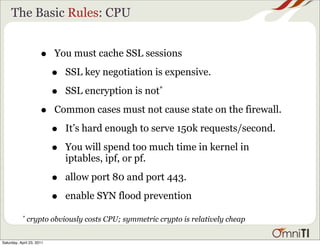 The Basic Rules: CPU


                      •    You must cache SSL sessions

                           •   SSL key negotiation is expensive.

                           •   SSL encryption is not*

                      •    Common cases must not cause state on the firewall.

                           •   It’s hard enough to serve 150k requests/second.

                           •   You will spend too much time in kernel in
                               iptables, ipf, or pf.

                           •   allow port 80 and port 443.

                           •   enable SYN flood prevention

           *   crypto obviously costs CPU; symmetric crypto is relatively cheap

Saturday, April 23, 2011
 