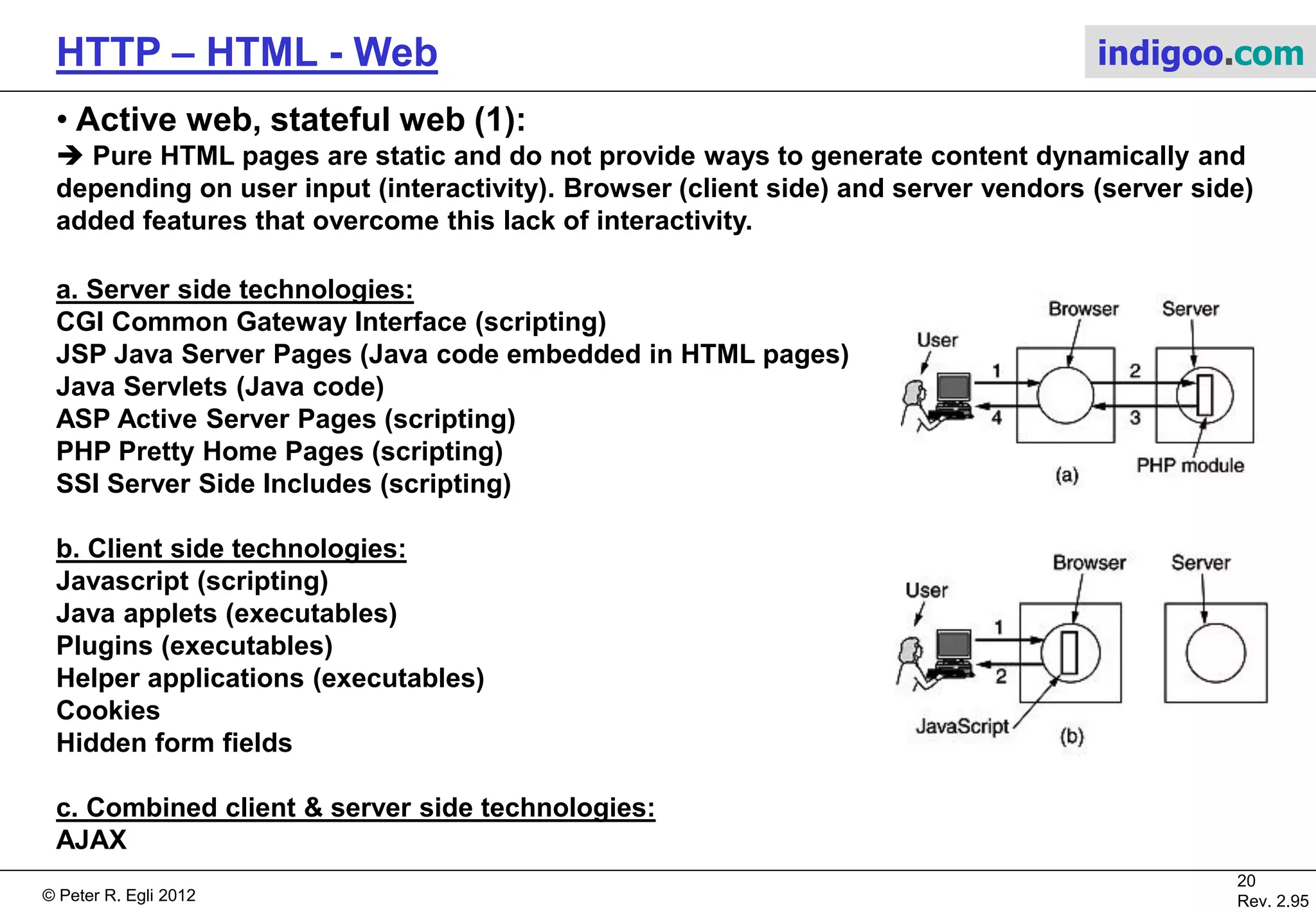 © Peter R. Egli 2015
20/53
Rev. 4.10
HTTP – HTML - Web indigoo.com
6. The HTTP PATCH method - RFC5789 (1/2)
Problem with PUT method:
HTTP PUT does not allow partial updates of a resource.
With HTTP PUT, a resource update requires writing the entire resource, thus imposing network
and server load.
Solution:
Partial resource update with HTTP PATCH method.
Partial updates with PATCH are always atomic, i.e. the server must perform the partial update
in its entirety and never provide partially modified resources in a GET request.
The PATCH method is neither safe nor idempotent (see RFC2616).
Patch format:
The HTTP body contains a sequence of patch operations to be applied to the resource
identified by the URI.
The format of the patch operations in the HTTP body is application specific.
Possible formats are:
a. JSON Patch (RFC6902, see example on next page)
b. XML Patch with XPath (RFC5261)
c. Unix diff format (see diff man pages)
d. Proprietary and application specific format
 