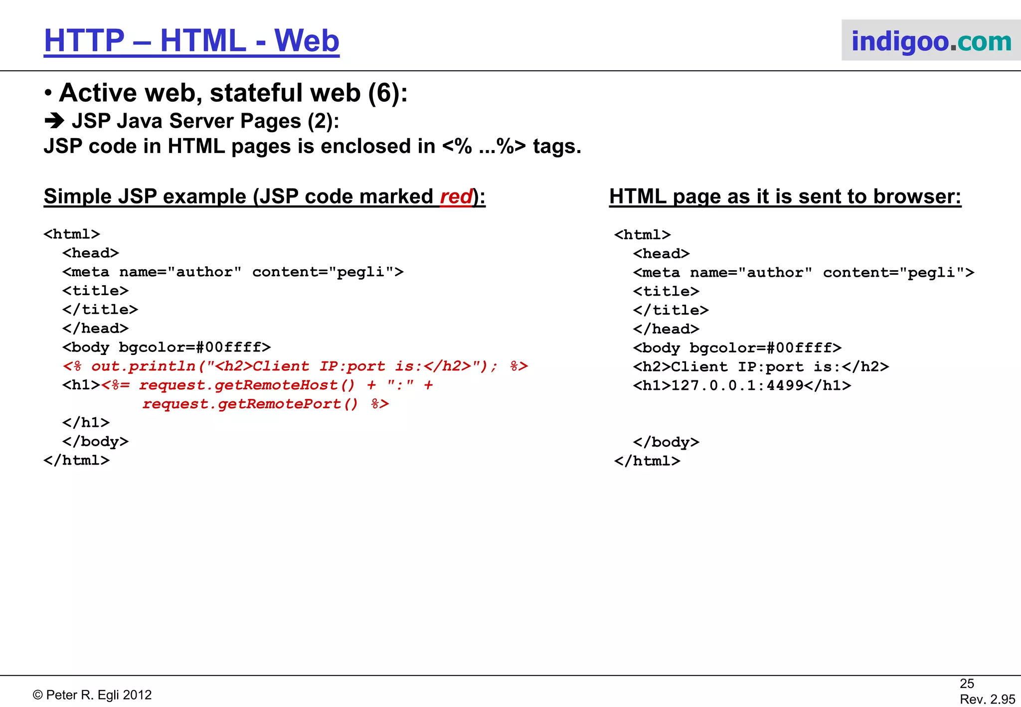 © Peter R. Egli 2015
25/53
Rev. 4.10
HTTP – HTML - Web indigoo.com
9. Active web, stateful web (1/20)
 Pure HTML pages are static and do not provide ways to generate content dynamically and
depending on user input (interactivity). Browser (client side) and server vendors (server side)
added features that overcome this lack of interactivity.
a. Server side technologies:
CGI Common Gateway Interface (scripting)
JSP Java Server Pages (Java code embedded in HTML pages)
Java Servlets (Java code)
ASP Active Server Pages (scripting)
PHP Hypertext Preprocessor (scripting)
SSI Server Side Includes (scripting)
ESI Edge Side Includes (on caching proxy)
b. Client side technologies:
Javascript (scripting)
Java applets (executables)
Plugins (executables)
Helper applications (executables)
Cookies
Hidden form fields
c. Combined client & server side technologies:
AJAX
 