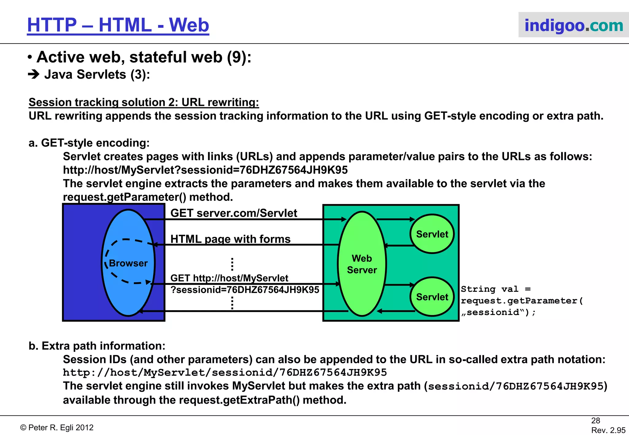 © Peter R. Egli 2015
28/53
Rev. 4.10
HTTP – HTML - Web indigoo.com
9. Active web, stateful web (4/20)
 CGI Common Gateway Interface (2):
Environment variables are used for passing data/parameters between HTTP server and
CGI script. Examples of environment variables used by CGI:
QUERY_STRING The information which follows the ? in the URL which referenced this script.
This is the query information. It should not be decoded in any fashion.
This variable should always be set when there is query information, regardless
of command line decoding.
CONTENT_LENGTH The length of the said content as given by the client.
REQUEST_METHOD The method with which the request was made.
For HTTP, this is "GET", "HEAD", "POST", etc.
SERVER_PORT The port number to which the request was sent.
PATH_INFO The extra path information, as given by the client. In other words, scripts
can be accessed by their virtual pathname, followed by extra information at the
end of this path. The extra information is sent as PATH_INFO. This information
should be decoded by the server if it comes from a URL before it is passed to
the CGI script.
REMOTE_HOST The hostname making the request. If the server does not have this information,
it should set REMOTE_ADDR and leave this unset.
REMOTE_ADDR The IP address of the remote host making the request.
CGI pros/cons:
CGI is very simple.
CGI is stateless (no support for multistep transactions).
CGI has high overhead: program/executable invocation for each request (separate process
for each HTTP request, even if the scripts to be executed are the same!).
CGI scripts are executed in standard OS shell (security problems).
 