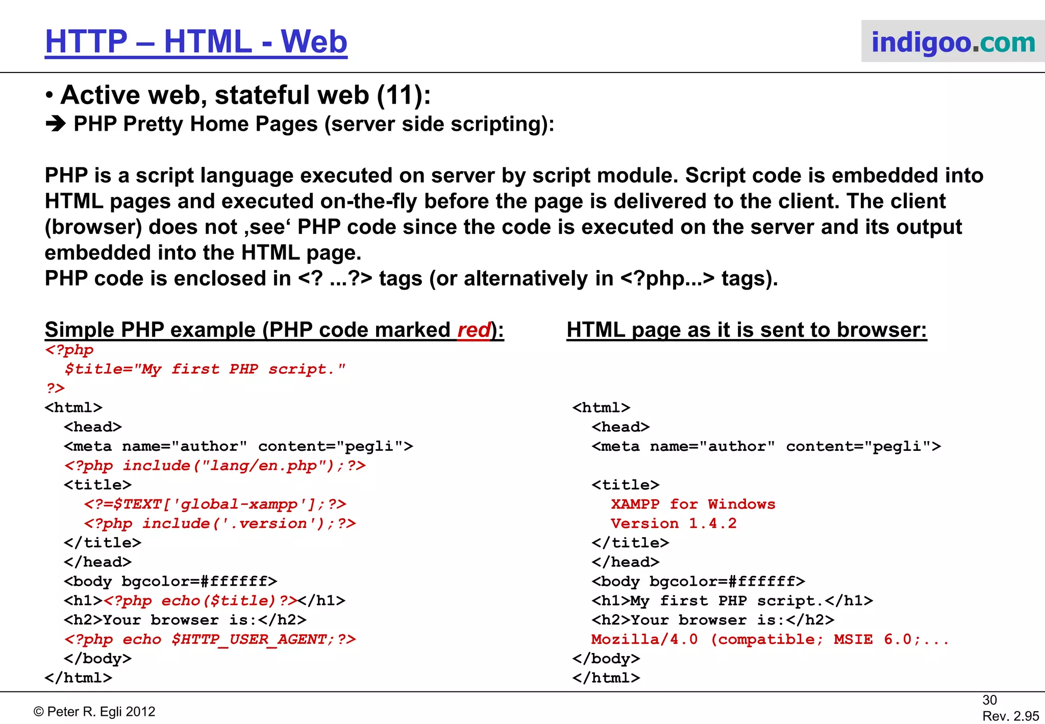 © Peter R. Egli 2015
30/53
Rev. 4.10
HTTP – HTML - Web indigoo.com
9. Active web, stateful web (6/20)
 JSP Java Server Pages (2):
JSP code in HTML pages is enclosed in <% ...%> tags.
Simple JSP example (JSP code marked red): HTML page as it is sent to browser:
<html>
<head>
<meta name="author" content="pegli">
<title>
</title>
</head>
<body bgcolor=#00ffff>
<% out.println("<h2>Client IP:port is:</h2>"); %>
<h1><%= request.getRemoteHost() + ":" +
request.getRemotePort() %>
</h1>
</body>
</html>
<html>
<head>
<meta name="author" content="pegli">
<title>
</title>
</head>
<body bgcolor=#00ffff>
<h2>Client IP:port is:</h2>
<h1>127.0.0.1:4499</h1>
</body>
</html>
 