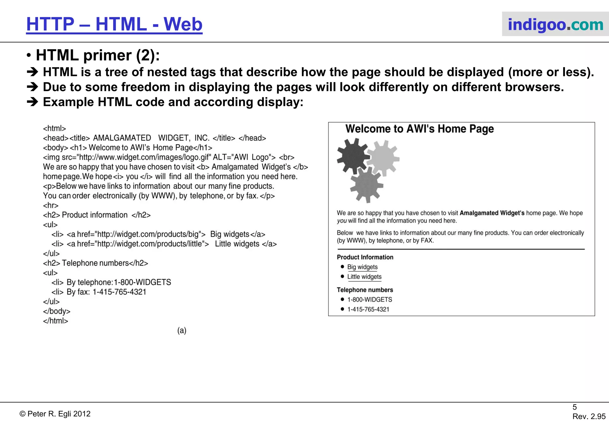 © Peter R. Egli 2015
5/53
Rev. 4.10
HTTP – HTML - Web indigoo.com
3. HTML primer (1/4)
 Pages retrieved from web server are encoded in HTML (Hypertext Markup Language).
 HTML is one of many tag (<>) based languages (SGML Structured Generalized Markup
Language).
 While very successful for web HTML has some problems:
- Mixture of content (information) and formatting (layout tags such as <br> and <b>).
- HTML is not well-formed (some tags do not have opening/closing tag pair such as <br>).
- Proper nesting of tags is sometimes violated.
 HTML tags:
 