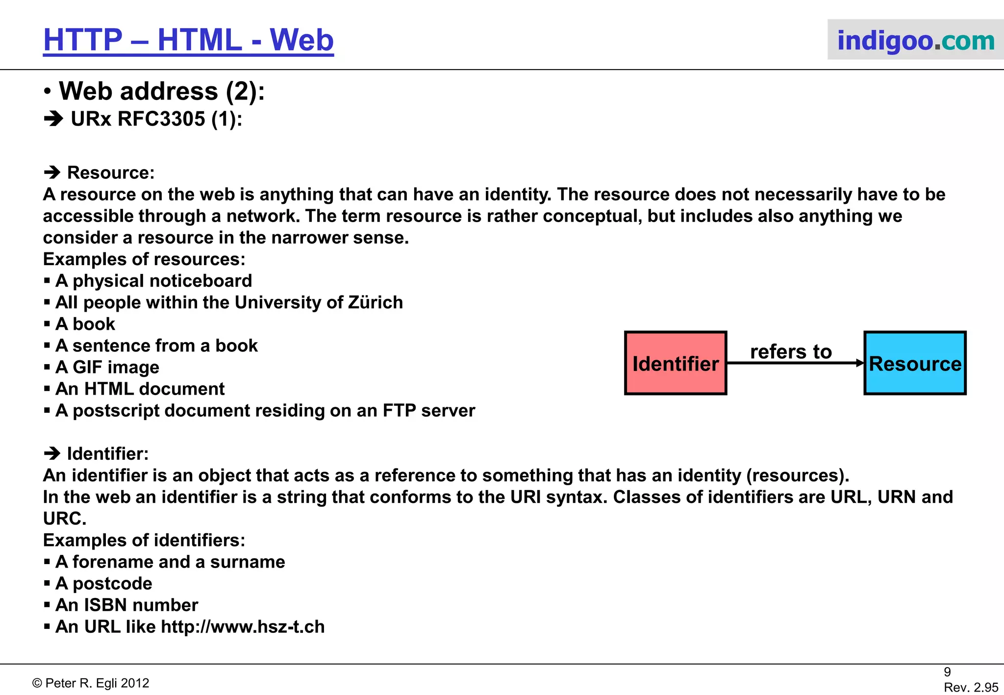 © Peter R. Egli 2015
9/53
Rev. 4.10
HTTP – HTML - Web indigoo.com
4. Web address (1/4)
 URL Uniform Resource Locator RFC1738:
A web address (URL) is composed as follows:
scheme://[username[:password]@]host[:port]/path[?#query]
scheme = Protocol (http, ftp, smtp, gopher, file, news, mailto, telnet, ldap).
username:password = Optional credentials (no longer supported by M$ IE due to security
concerns, Mozilla Firefox supports it though).
host = FQDN of host, e.g. www.zhaw.ch; to be translated into IP address by
DNS resolver.
port = Listening port of server (optional); 80 (default) or 8080 (usually proxy).
path = Path of requested resource on server, e.g. index.html (default).
query = Optional context information (sequence of parameters in “key=value”
notation separated by ‘&’).
Examples:
http://www.zhaw.ch:80/index.html ‘Standard’ HTTP URL.
http://www.google.ch/search?hl=de&q=url+query&meta= HTTP URL with query string.
ftp://bart.isz.ch/ FTP protocol, initiates FTP transfer through
web browser.
ftp://anonymous:mypassword@ftp.zhaw.ch/ FTP URL with credentials.
file:///C:/temp/page.html File protocol, retrieval of local file (not via
HTTP from server).
mailto:xegp@zhaw.ch Mail protocol, starts mail client (user agent).
 