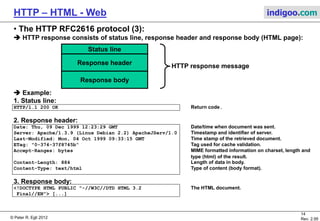 © Peter R. Egli 2015
14/53
Rev. 4.10
HTTP – HTML - Web indigoo.com
5. The HTTP RFC2616 protocol (2/7)
 HTTP request consists of request header and an optional request body:
 Example:
1. Request header:
GET /index.html HTTP/1.1 Request type (GET), path, protocol & version.
Connection: Keep-Alive Signal to server that connection should not be closed but
reused for further requests.
User-Agent: Mozilla/4.7 [en] (WinNT; I) Identifier of the client (Netscape).
Accept: image/gif, image/x-xbitmap, Data types and encoding this client can handle (MIME types).
image/jpeg, image/pjpeg, image/png,*/*
Accept-Encoding: gzip Allowed encoding of data in response.
Accept-Language: en Language that client can handle.
Accept-Charset: iso-8859-1,*,utf-8 Character set that client can handle.
An empty line is inserted at the end of the header (like
SMTP). This will cause the server to deliver the response
(in the same TCP connection).
2. Request body:
The body is empty here. It is usually empty for normal GET
requests; if non-empty the body contains data of a POST
command.
Request header
Request body
HTTP request message
 