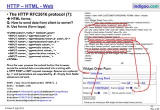 © Peter R. Egli 2015
18/53
Rev. 4.10
HTTP – HTML - Web indigoo.com
5. The HTTP RFC2616 protocol (6/7)
 HTTP session with TELNET (TELNET client is „browser“):
HTTP uses NVT ASCII, thus connection to web server can also be established with
TELNET client (even though TELNET client will not display pages graphically).
cmd> telnet www.zhaw.ch 80
GET / HTTP/1.1
Host: www.zhaw.ch
Connection: Keep-Alive
[here comes the page index.html]
GET /fileadmin/templates/img/zhaw_logo_de.gif HTTP/1.1
Host: www.zhaw.ch
Connection: Keep-Alive
[here comes the picture zhaw_logo_de.gif]
etc.
 