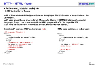 © Peter R. Egli 2015
29/53
Rev. 4.10
HTTP – HTML - Web indigoo.com
9. Active web, stateful web (5/20)
 JSP Java Server Pages (1):
The JSP page functions as servlet ‚front-end‘ (static HTML code with ‚entry points‘ into Java servlet code).
In principle all HTML formating can be packed into Java code (pure servlet). It is at the discretion of the
designer to split the functionality into static HTML pages (JSP) and dynamic servlet code. Naturally the static
part will be implemented as HTML pages (done by web designer) and the dynamic part implemented as
servlets (done by a Java programmer).
JSPs are an alternative to CGI. JSP is similar to CGI (see above) but the capabilities of JSP are much more
powerful (basically all funtionality that Java offers). Akin to CGI JSP allows to mix static HTML code with
dynamically generated HTML code (generated by Java code). But JSP allows to separate the HTML code
(format) from the content (data) in a cleaner way than CGI does.
JSP is also more efficient than CGI since the code is executed in a thread instead of a separate process (less
overhead).
Web
ServerBrowser
getDate()
Servlet
Engine
(Tomcat)
http://host/page.jsp GET /page.jsp
Display
HTML page
Servlet
+getDate()
...
<h2>JSP</h2>
<%Servlet.getDate();%>
<p>blabla</p>
...
Store with HTML
pages
 