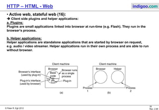 © Peter R. Egli 2015
35/53
Rev. 4.10
HTTP – HTML - Web indigoo.com
9. Active web, stateful web (11/20)
 PHP (PHP: Hypertext Preprocessor) (server side scripting):
PHP is a script language executed on server by script module. Script code is embedded into
HTML pages and executed on-the-fly before the page is delivered to the client. The client
(browser) does not ‚see‘ PHP code since the code is executed on the server and its output
embedded into the HTML page.
PHP code is enclosed in <? ...?> tags (or alternatively in <?php...> tags).
Simple PHP example (PHP code marked red): HTML page as it is sent to browser:
<?php
$title="My first PHP script."
?>
<html>
<head>
<meta name="author" content="pegli">
<?php include("lang/en.php");?>
<title>
<?=$TEXT['global-xampp'];?>
<?php include('.version');?>
</title>
</head>
<body bgcolor=#ffffff>
<h1><?php echo($title)?></h1>
<h2>Your browser is:</h2>
<?php echo $HTTP_USER_AGENT;?>
</body>
</html>
<html>
<head>
<meta name="author" content="pegli">
<title>
XAMPP for Windows
Version 1.4.2
</title>
</head>
<body bgcolor=#ffffff>
<h1>My first PHP script.</h1>
<h2>Your browser is:</h2>
Mozilla/4.0 (compatible; MSIE 6.0;...
</body>
</html>
 