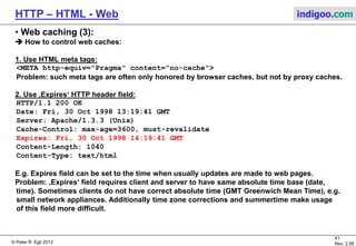 © Peter R. Egli 2015
41/53
Rev. 4.10
HTTP – HTML - Web indigoo.com
9. Active web, stateful web (17/20)
 Client side plugins and helper applications:
a. Plugins:
Plugins are small applications linked into browser at run-time (e.g. Flash). They run in the
browser‘s process.
b. Helper applications:
Helper applications are standalone applications that are started by browser on request,
e.g. audio / video streamer. Helper applications run in their own process and are able to run
without browser.
 
