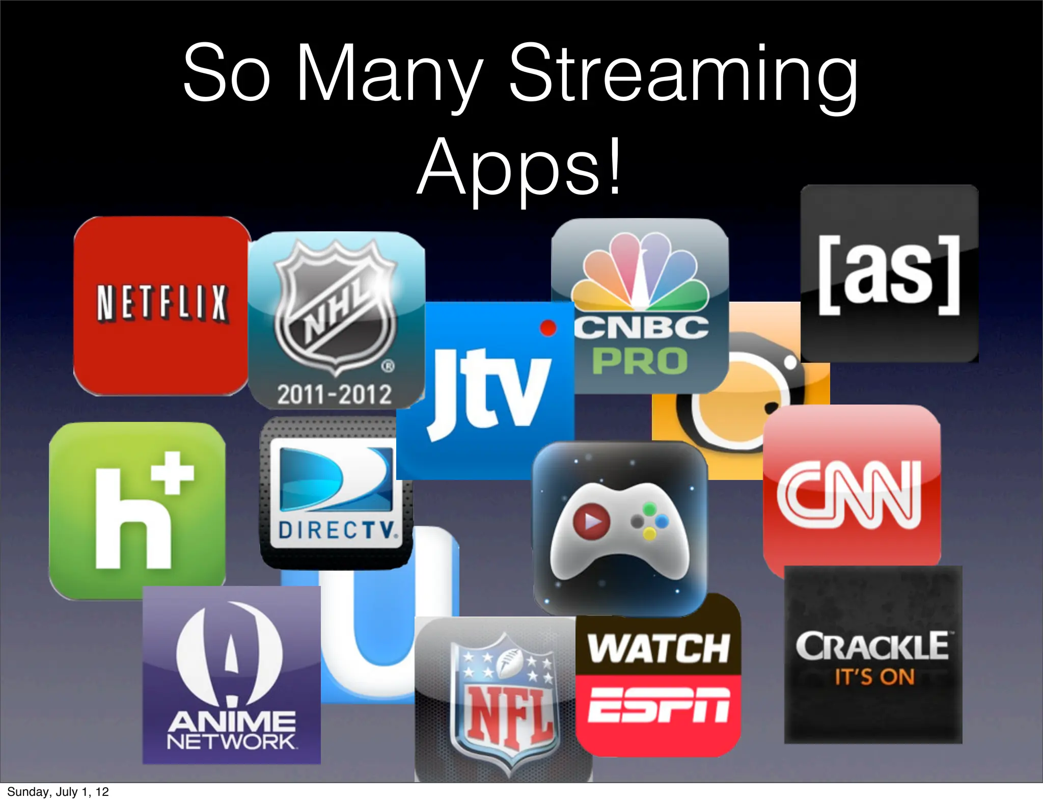 So Many Streaming
                          Apps!




Sunday, July 1, 12
 