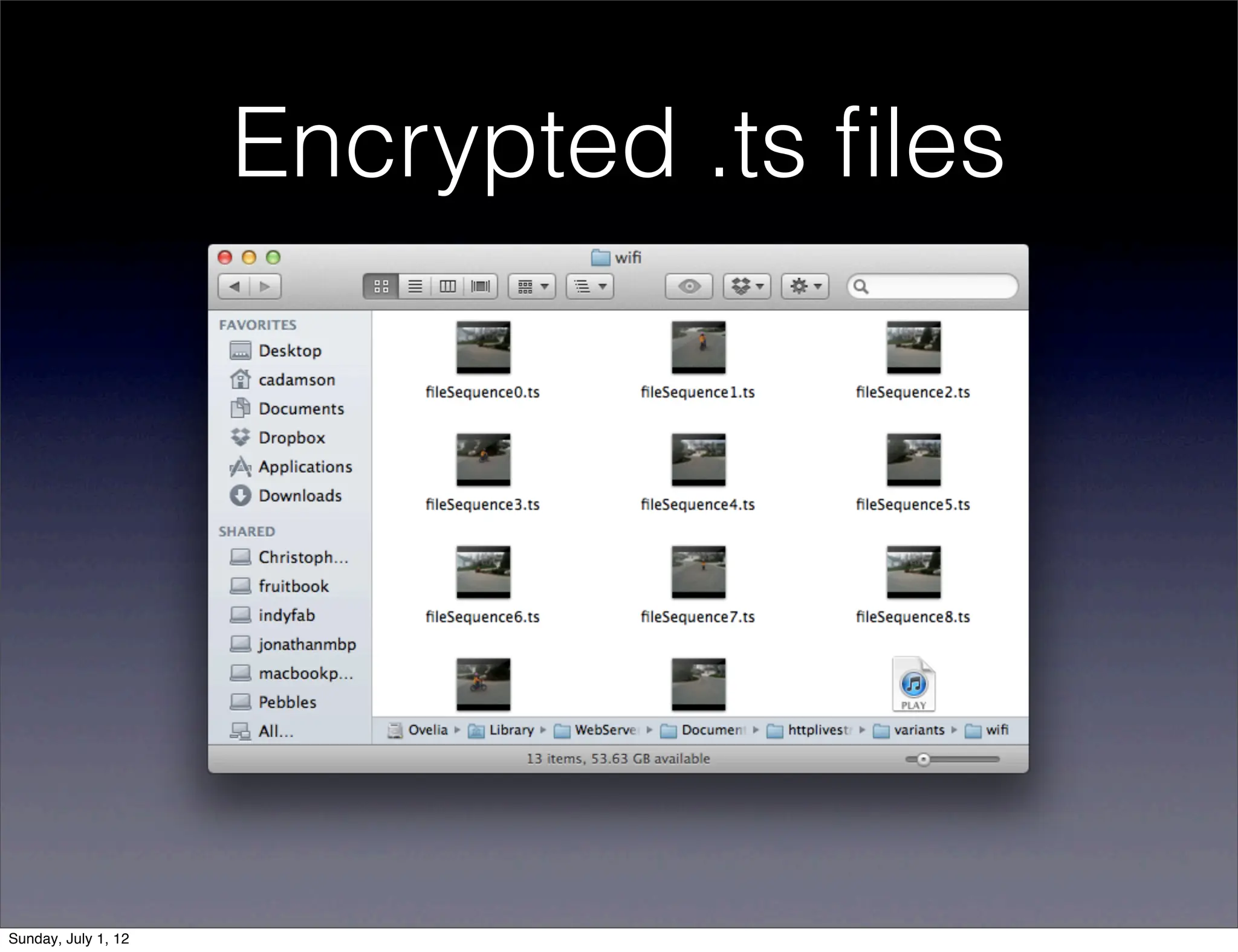 Encrypted .ts ﬁles




Sunday, July 1, 12
 