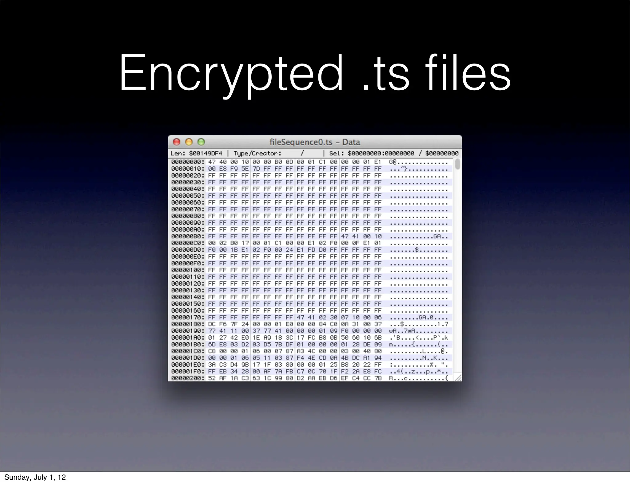 Encrypted .ts ﬁles




Sunday, July 1, 12
 
