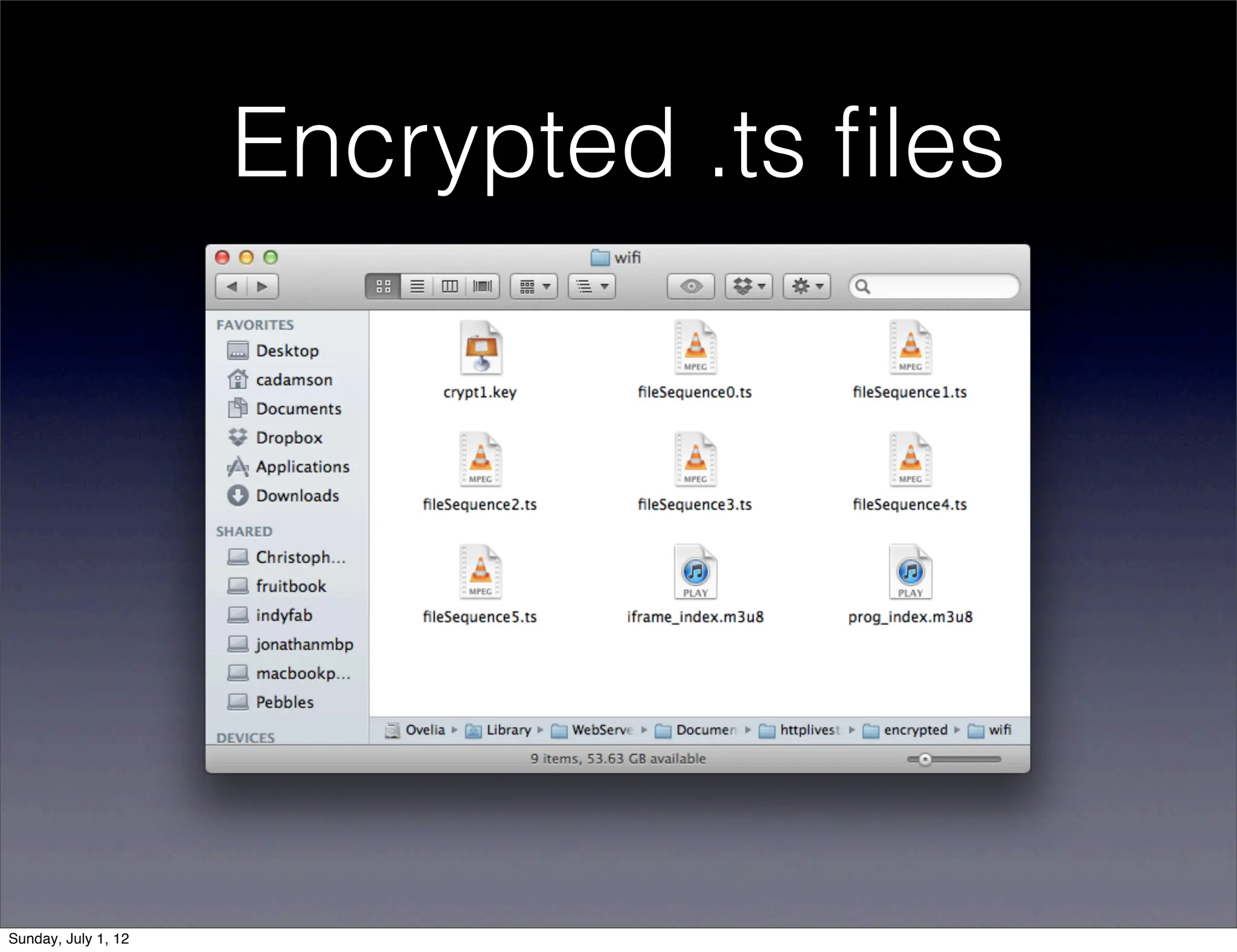 Encrypted .ts ﬁles




Sunday, July 1, 12
 