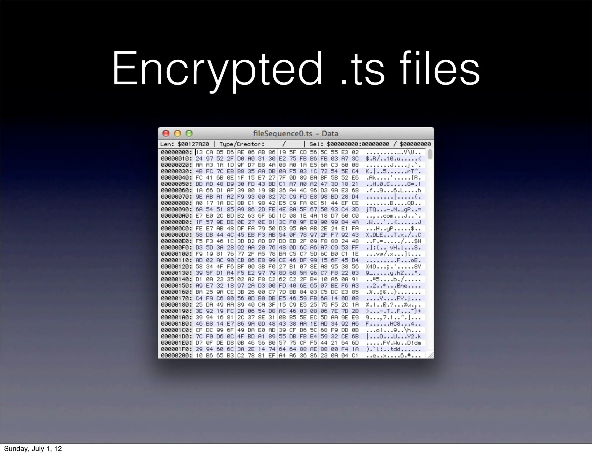 Encrypted .ts ﬁles




Sunday, July 1, 12
 