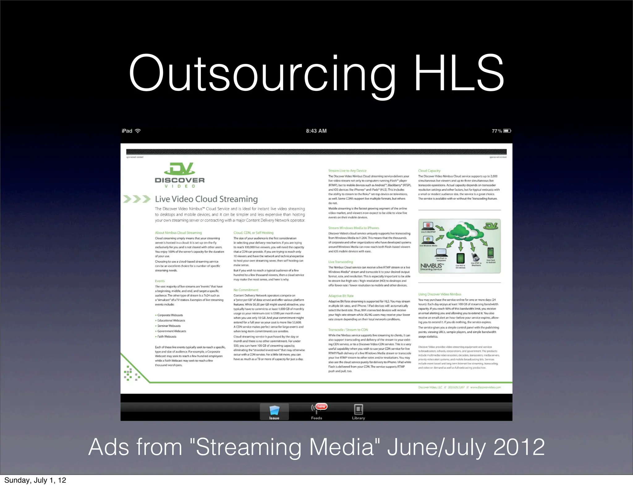 Outsourcing HLS




                     Ads from "Streaming Media" June/July 2012
Sunday, July 1, 12
 