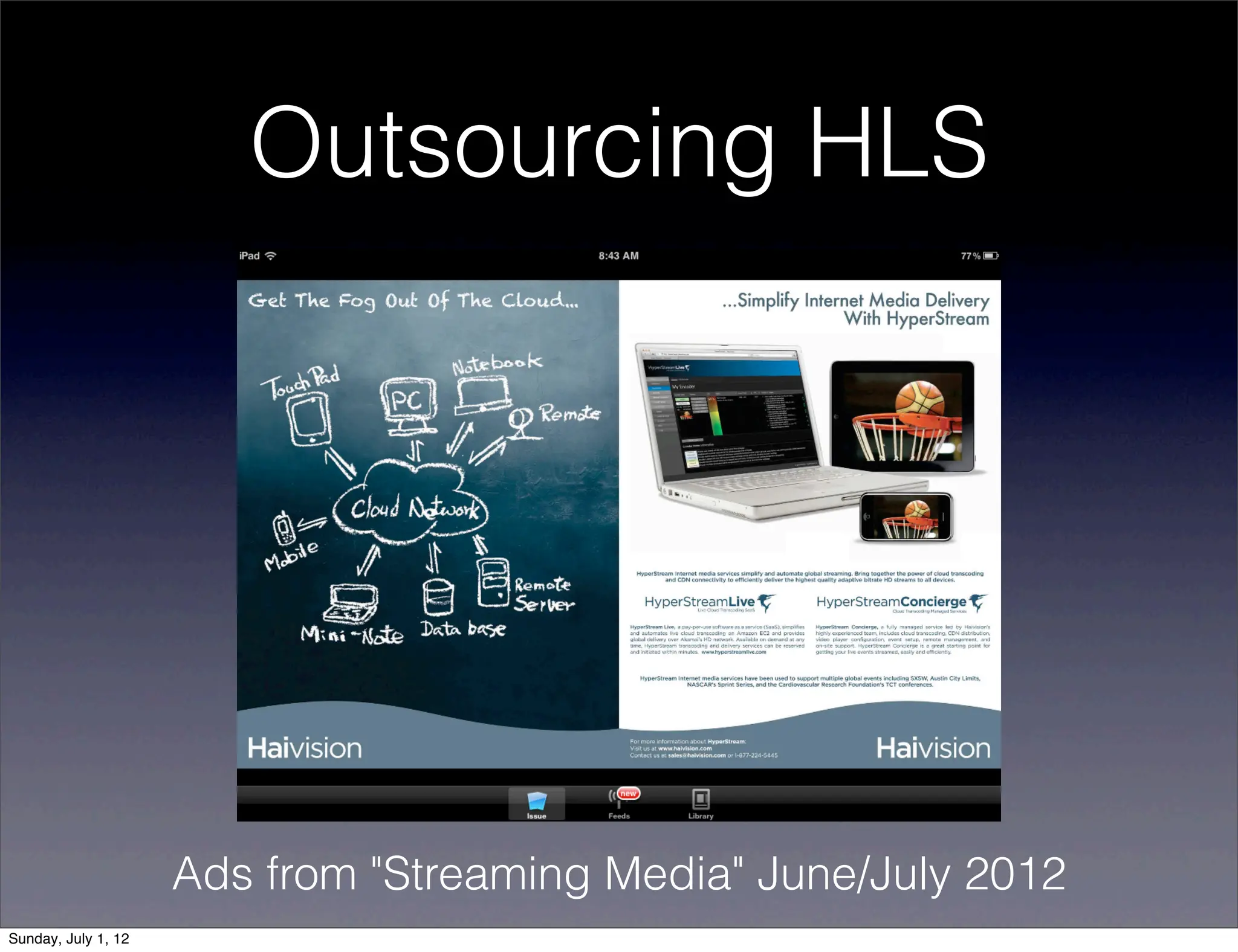 Outsourcing HLS




                     Ads from "Streaming Media" June/July 2012
Sunday, July 1, 12
 