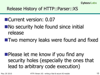 Release History of HTTP::Parser::XS

   Current version: 0.07
   No security hole found since initial
    release
   Tw...