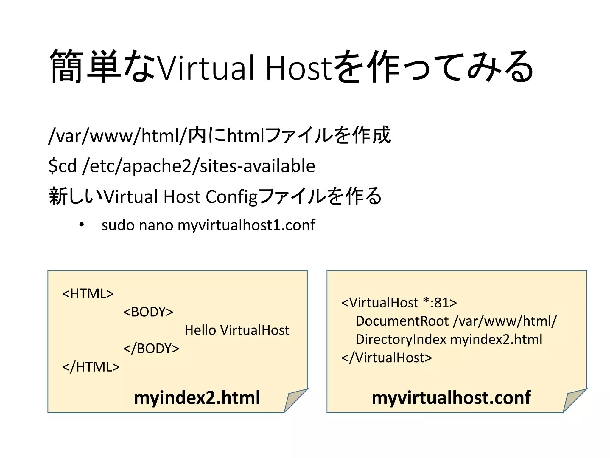 簡単なVirtual Hostを作ってみる
/var/www/html/内にhtmlファイルを作成
$cd /etc/apache2/sites-available
新しいVirtual Host Configファイルを作る
• sudo nano myvirtualhost1.conf
<VirtualHost *:81>
DocumentRoot /var/www/html/
DirectoryIndex myindex2.html
</VirtualHost>
myvirtualhost.conf
<HTML>
<BODY>
Hello VirtualHost
</BODY>
</HTML>
myindex2.html
 