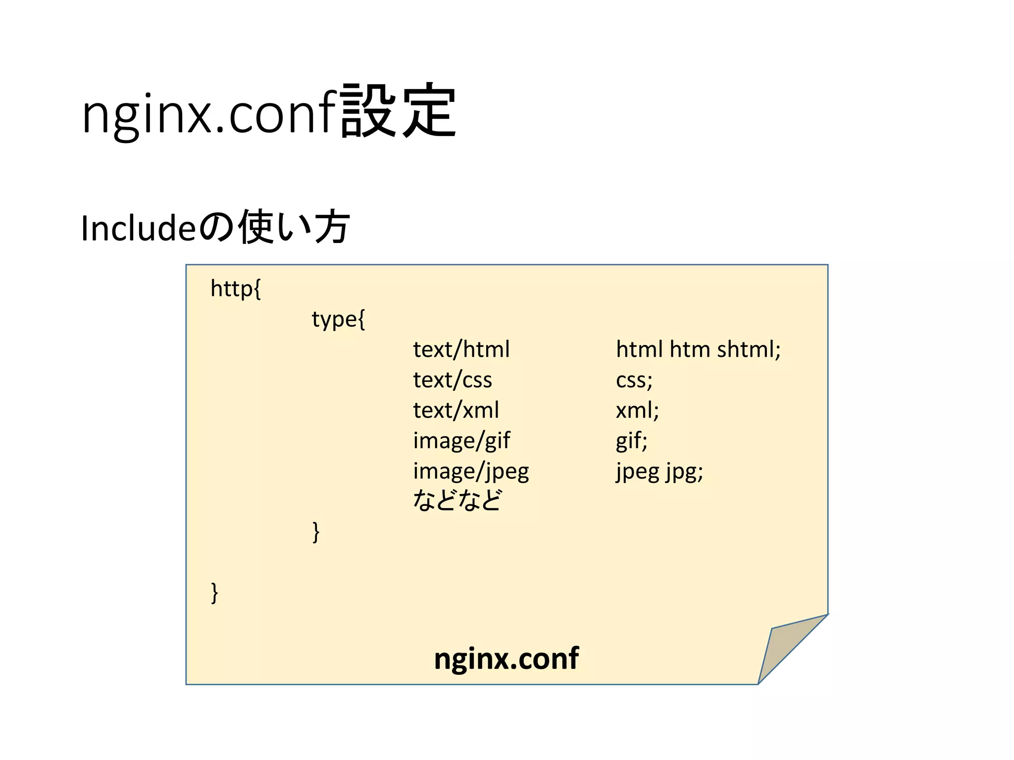 nginx.conf設定
Includeの使い方
http{
type{
text/html html htm shtml;
text/css css;
text/xml xml;
image/gif gif;
image/jpeg jpeg jpg;
などなど
}
}
nginx.conf
 