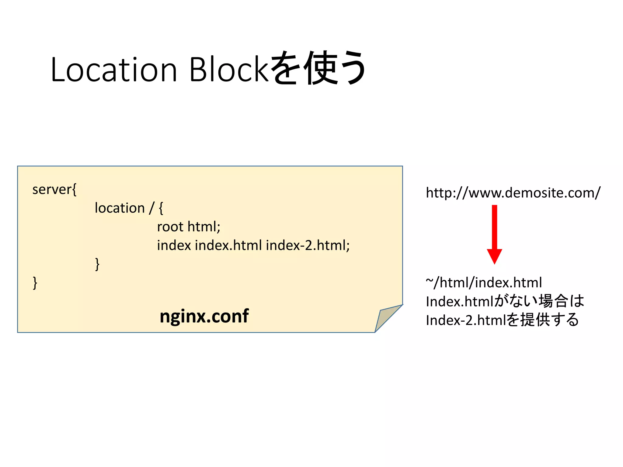 Location Blockを使う
server{
location / {
root html;
index index.html index-2.html;
}
}
nginx.conf
~/html/index.html
Index.htmlがない場合は
Index-2.htmlを提供する
http://www.demosite.com/
 