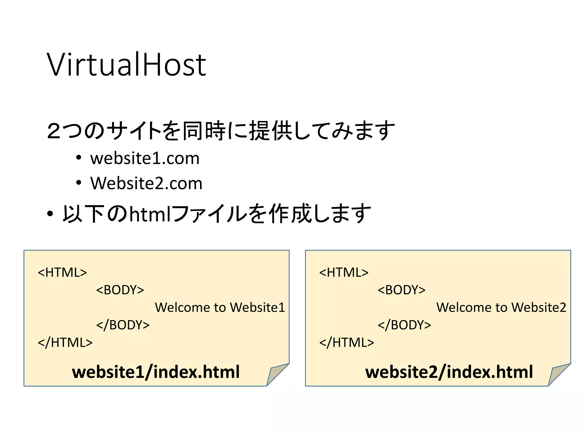 VirtualHost
２つのサイトを同時に提供してみます
• website1.com
• Website2.com
• 以下のhtmlファイルを作成します
<HTML>
<BODY>
Welcome to Website1
</BODY>
</HTML>
website1/index.html
<HTML>
<BODY>
Welcome to Website2
</BODY>
</HTML>
website2/index.html
 