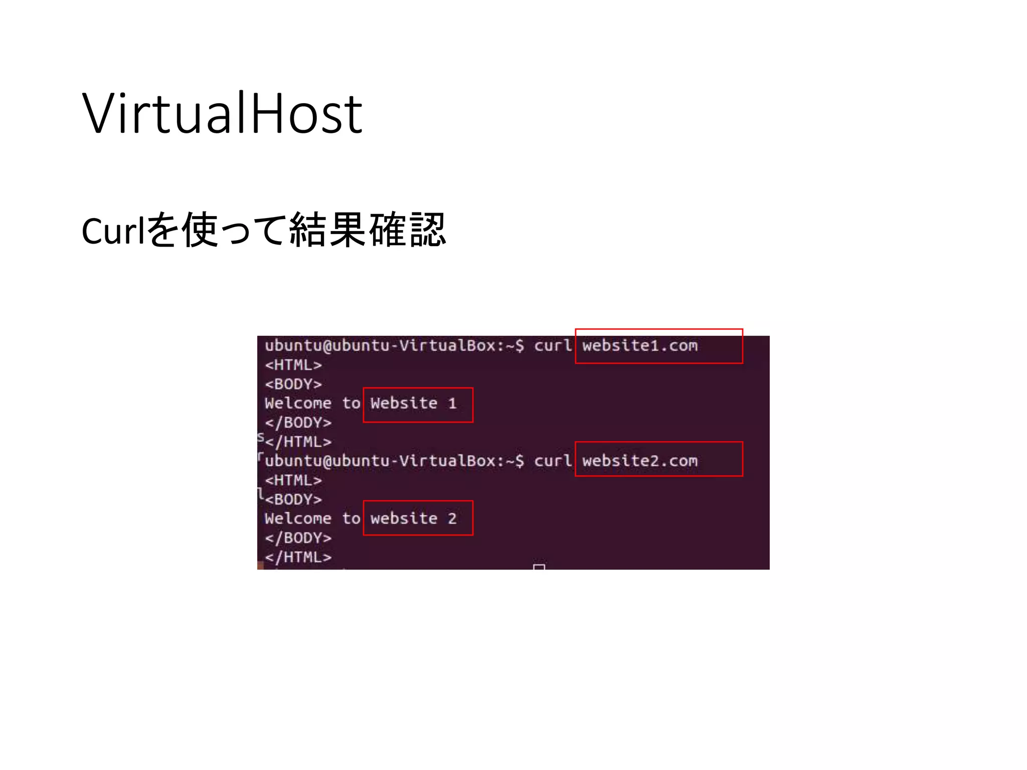 VirtualHost
Curlを使って結果確認
 