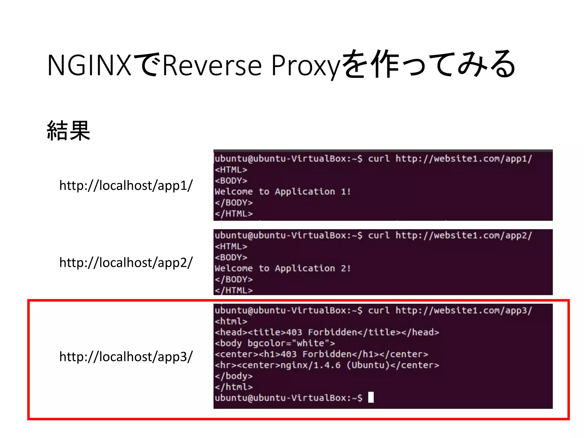 NGINXでReverse Proxyを作ってみる
結果
http://localhost/app1/
http://localhost/app2/
http://localhost/app3/
 