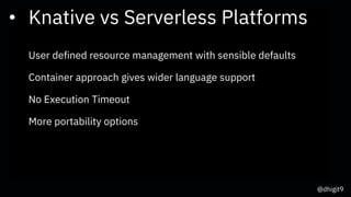 • Knative vs Serverless Platforms
User defined resource management with sensible defaults
Container approach gives wider language support
No Execution Timeout
More portability options
@dhigit9
 