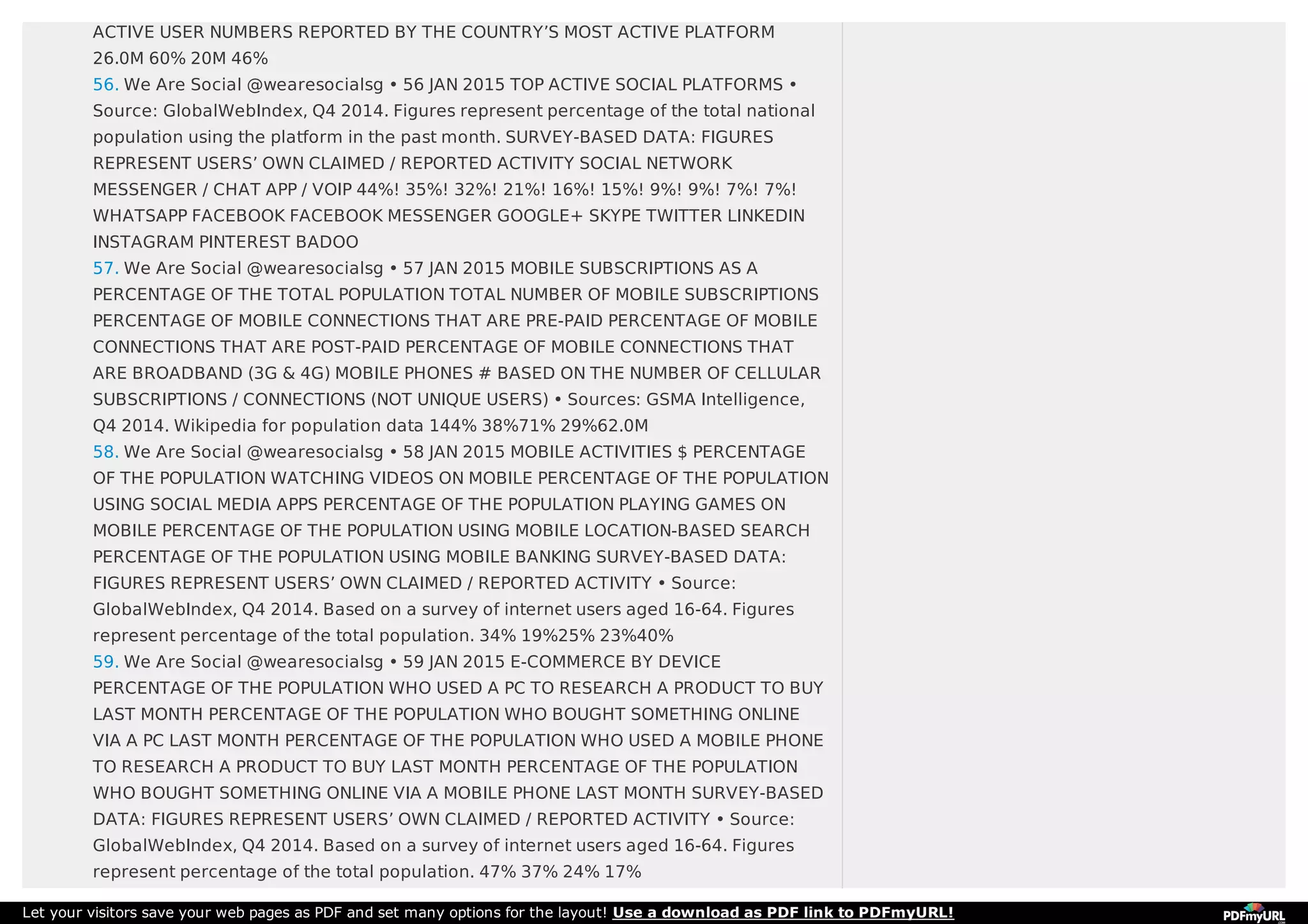 ACTIVE USER NUMBERS REPORTED BY THE COUNTRY’S MOST ACTIVE PLATFORM
26.0M 60% 20M 46%
56. We Are Social @wearesocialsg • 56 JAN 2015 TOP ACTIVE SOCIAL PLATFORMS •
Source: GlobalWebIndex, Q4 2014. Figures represent percentage of the total national
population using the platform in the past month. SURVEY-BASED DATA: FIGURES
REPRESENT USERS’ OWN CLAIMED / REPORTED ACTIVITY SOCIAL NETWORK
MESSENGER / CHAT APP / VOIP 44%! 35%! 32%! 21%! 16%! 15%! 9%! 9%! 7%! 7%!
WHATSAPP FACEBOOK FACEBOOK MESSENGER GOOGLE+ SKYPE TWITTER LINKEDIN
INSTAGRAM PINTEREST BADOO
57. We Are Social @wearesocialsg • 57 JAN 2015 MOBILE SUBSCRIPTIONS AS A
PERCENTAGE OF THE TOTAL POPULATION TOTAL NUMBER OF MOBILE SUBSCRIPTIONS
PERCENTAGE OF MOBILE CONNECTIONS THAT ARE PRE-PAID PERCENTAGE OF MOBILE
CONNECTIONS THAT ARE POST-PAID PERCENTAGE OF MOBILE CONNECTIONS THAT
ARE BROADBAND (3G & 4G) MOBILE PHONES # BASED ON THE NUMBER OF CELLULAR
SUBSCRIPTIONS / CONNECTIONS (NOT UNIQUE USERS) • Sources: GSMA Intelligence,
Q4 2014. Wikipedia for population data 144% 38%71% 29%62.0M
58. We Are Social @wearesocialsg • 58 JAN 2015 MOBILE ACTIVITIES $ PERCENTAGE
OF THE POPULATION WATCHING VIDEOS ON MOBILE PERCENTAGE OF THE POPULATION
USING SOCIAL MEDIA APPS PERCENTAGE OF THE POPULATION PLAYING GAMES ON
MOBILE PERCENTAGE OF THE POPULATION USING MOBILE LOCATION-BASED SEARCH
PERCENTAGE OF THE POPULATION USING MOBILE BANKING SURVEY-BASED DATA:
FIGURES REPRESENT USERS’ OWN CLAIMED / REPORTED ACTIVITY • Source:
GlobalWebIndex, Q4 2014. Based on a survey of internet users aged 16-64. Figures
represent percentage of the total population. 34% 19%25% 23%40%
59. We Are Social @wearesocialsg • 59 JAN 2015 E-COMMERCE BY DEVICE
PERCENTAGE OF THE POPULATION WHO USED A PC TO RESEARCH A PRODUCT TO BUY
LAST MONTH PERCENTAGE OF THE POPULATION WHO BOUGHT SOMETHING ONLINE
VIA A PC LAST MONTH PERCENTAGE OF THE POPULATION WHO USED A MOBILE PHONE
TO RESEARCH A PRODUCT TO BUY LAST MONTH PERCENTAGE OF THE POPULATION
WHO BOUGHT SOMETHING ONLINE VIA A MOBILE PHONE LAST MONTH SURVEY-BASED
DATA: FIGURES REPRESENT USERS’ OWN CLAIMED / REPORTED ACTIVITY • Source:
GlobalWebIndex, Q4 2014. Based on a survey of internet users aged 16-64. Figures
represent percentage of the total population. 47% 37% 24% 17%
Let your visitors save your web pages as PDF and set many options for the layout! Use a download as PDF link to PDFmyURL!
 