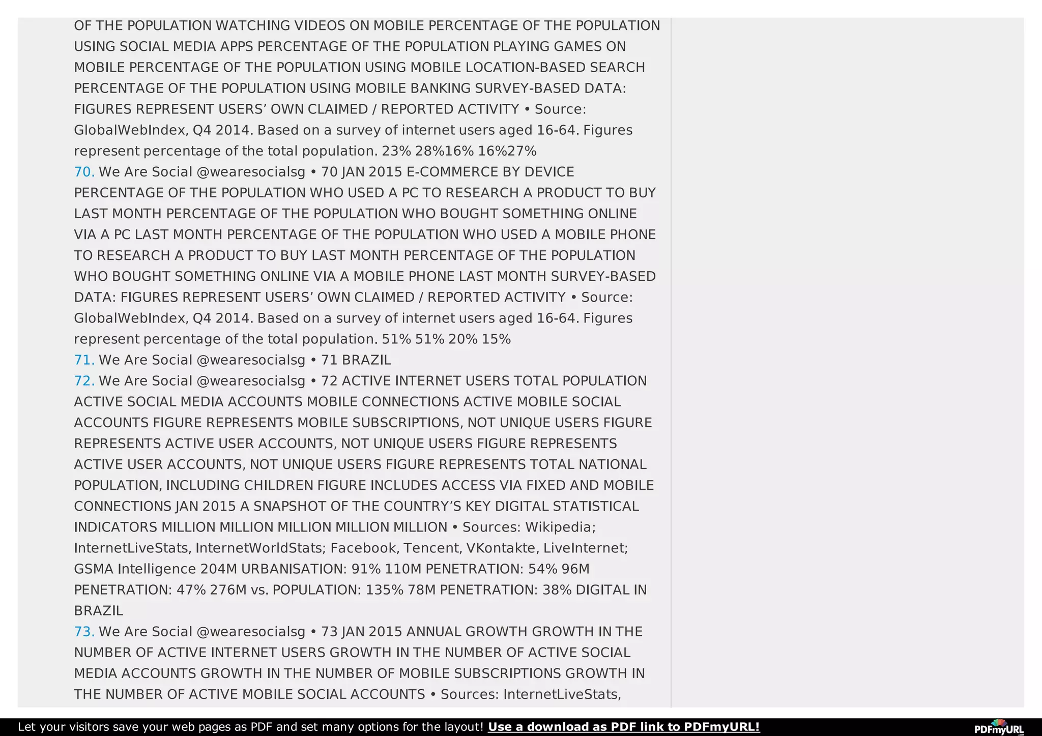 OF THE POPULATION WATCHING VIDEOS ON MOBILE PERCENTAGE OF THE POPULATION
USING SOCIAL MEDIA APPS PERCENTAGE OF THE POPULATION PLAYING GAMES ON
MOBILE PERCENTAGE OF THE POPULATION USING MOBILE LOCATION-BASED SEARCH
PERCENTAGE OF THE POPULATION USING MOBILE BANKING SURVEY-BASED DATA:
FIGURES REPRESENT USERS’ OWN CLAIMED / REPORTED ACTIVITY • Source:
GlobalWebIndex, Q4 2014. Based on a survey of internet users aged 16-64. Figures
represent percentage of the total population. 23% 28%16% 16%27%
70. We Are Social @wearesocialsg • 70 JAN 2015 E-COMMERCE BY DEVICE
PERCENTAGE OF THE POPULATION WHO USED A PC TO RESEARCH A PRODUCT TO BUY
LAST MONTH PERCENTAGE OF THE POPULATION WHO BOUGHT SOMETHING ONLINE
VIA A PC LAST MONTH PERCENTAGE OF THE POPULATION WHO USED A MOBILE PHONE
TO RESEARCH A PRODUCT TO BUY LAST MONTH PERCENTAGE OF THE POPULATION
WHO BOUGHT SOMETHING ONLINE VIA A MOBILE PHONE LAST MONTH SURVEY-BASED
DATA: FIGURES REPRESENT USERS’ OWN CLAIMED / REPORTED ACTIVITY • Source:
GlobalWebIndex, Q4 2014. Based on a survey of internet users aged 16-64. Figures
represent percentage of the total population. 51% 51% 20% 15%
71. We Are Social @wearesocialsg • 71 BRAZIL
72. We Are Social @wearesocialsg • 72 ACTIVE INTERNET USERS TOTAL POPULATION
ACTIVE SOCIAL MEDIA ACCOUNTS MOBILE CONNECTIONS ACTIVE MOBILE SOCIAL
ACCOUNTS FIGURE REPRESENTS MOBILE SUBSCRIPTIONS, NOT UNIQUE USERS FIGURE
REPRESENTS ACTIVE USER ACCOUNTS, NOT UNIQUE USERS FIGURE REPRESENTS
ACTIVE USER ACCOUNTS, NOT UNIQUE USERS FIGURE REPRESENTS TOTAL NATIONAL
POPULATION, INCLUDING CHILDREN FIGURE INCLUDES ACCESS VIA FIXED AND MOBILE
CONNECTIONS JAN 2015 A SNAPSHOT OF THE COUNTRY’S KEY DIGITAL STATISTICAL
INDICATORS MILLION MILLION MILLION MILLION MILLION • Sources: Wikipedia;
InternetLiveStats, InternetWorldStats; Facebook, Tencent, VKontakte, LiveInternet;
GSMA Intelligence 204M URBANISATION: 91% 110M PENETRATION: 54% 96M
PENETRATION: 47% 276M vs. POPULATION: 135% 78M PENETRATION: 38% DIGITAL IN
BRAZIL
73. We Are Social @wearesocialsg • 73 JAN 2015 ANNUAL GROWTH GROWTH IN THE
NUMBER OF ACTIVE INTERNET USERS GROWTH IN THE NUMBER OF ACTIVE SOCIAL
MEDIA ACCOUNTS GROWTH IN THE NUMBER OF MOBILE SUBSCRIPTIONS GROWTH IN
THE NUMBER OF ACTIVE MOBILE SOCIAL ACCOUNTS • Sources: InternetLiveStats,
Let your visitors save your web pages as PDF and set many options for the layout! Use a download as PDF link to PDFmyURL!
 