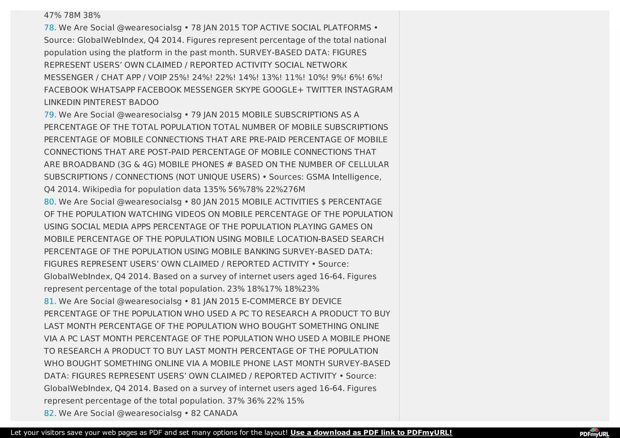 47% 78M 38%
78. We Are Social @wearesocialsg • 78 JAN 2015 TOP ACTIVE SOCIAL PLATFORMS •
Source: GlobalWebIndex, Q4 2014. Figures represent percentage of the total national
population using the platform in the past month. SURVEY-BASED DATA: FIGURES
REPRESENT USERS’ OWN CLAIMED / REPORTED ACTIVITY SOCIAL NETWORK
MESSENGER / CHAT APP / VOIP 25%! 24%! 22%! 14%! 13%! 11%! 10%! 9%! 6%! 6%!
FACEBOOK WHATSAPP FACEBOOK MESSENGER SKYPE GOOGLE+ TWITTER INSTAGRAM
LINKEDIN PINTEREST BADOO
79. We Are Social @wearesocialsg • 79 JAN 2015 MOBILE SUBSCRIPTIONS AS A
PERCENTAGE OF THE TOTAL POPULATION TOTAL NUMBER OF MOBILE SUBSCRIPTIONS
PERCENTAGE OF MOBILE CONNECTIONS THAT ARE PRE-PAID PERCENTAGE OF MOBILE
CONNECTIONS THAT ARE POST-PAID PERCENTAGE OF MOBILE CONNECTIONS THAT
ARE BROADBAND (3G & 4G) MOBILE PHONES # BASED ON THE NUMBER OF CELLULAR
SUBSCRIPTIONS / CONNECTIONS (NOT UNIQUE USERS) • Sources: GSMA Intelligence,
Q4 2014. Wikipedia for population data 135% 56%78% 22%276M
80. We Are Social @wearesocialsg • 80 JAN 2015 MOBILE ACTIVITIES $ PERCENTAGE
OF THE POPULATION WATCHING VIDEOS ON MOBILE PERCENTAGE OF THE POPULATION
USING SOCIAL MEDIA APPS PERCENTAGE OF THE POPULATION PLAYING GAMES ON
MOBILE PERCENTAGE OF THE POPULATION USING MOBILE LOCATION-BASED SEARCH
PERCENTAGE OF THE POPULATION USING MOBILE BANKING SURVEY-BASED DATA:
FIGURES REPRESENT USERS’ OWN CLAIMED / REPORTED ACTIVITY • Source:
GlobalWebIndex, Q4 2014. Based on a survey of internet users aged 16-64. Figures
represent percentage of the total population. 23% 18%17% 18%23%
81. We Are Social @wearesocialsg • 81 JAN 2015 E-COMMERCE BY DEVICE
PERCENTAGE OF THE POPULATION WHO USED A PC TO RESEARCH A PRODUCT TO BUY
LAST MONTH PERCENTAGE OF THE POPULATION WHO BOUGHT SOMETHING ONLINE
VIA A PC LAST MONTH PERCENTAGE OF THE POPULATION WHO USED A MOBILE PHONE
TO RESEARCH A PRODUCT TO BUY LAST MONTH PERCENTAGE OF THE POPULATION
WHO BOUGHT SOMETHING ONLINE VIA A MOBILE PHONE LAST MONTH SURVEY-BASED
DATA: FIGURES REPRESENT USERS’ OWN CLAIMED / REPORTED ACTIVITY • Source:
GlobalWebIndex, Q4 2014. Based on a survey of internet users aged 16-64. Figures
represent percentage of the total population. 37% 36% 22% 15%
82. We Are Social @wearesocialsg • 82 CANADA
Let your visitors save your web pages as PDF and set many options for the layout! Use a download as PDF link to PDFmyURL!
 