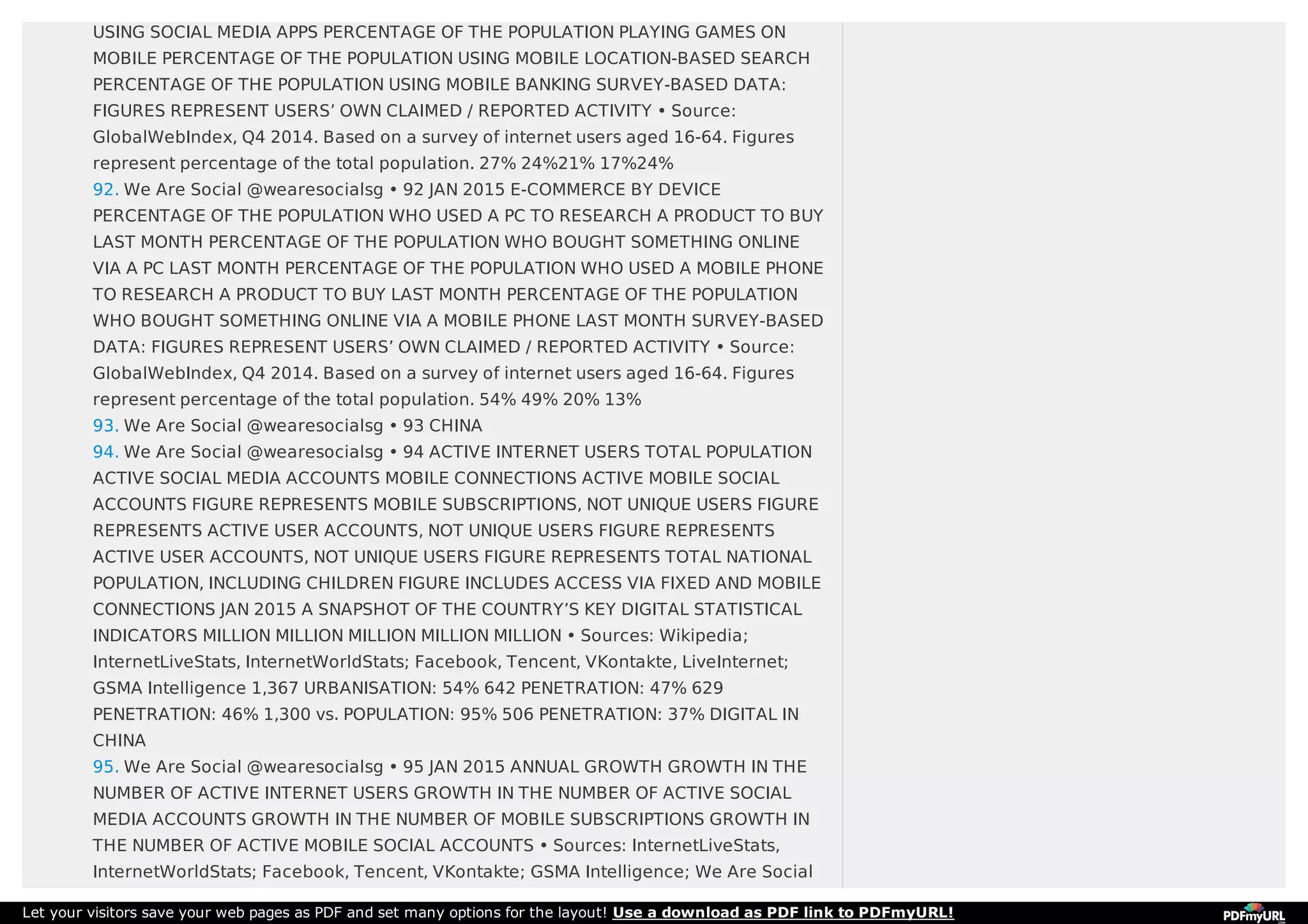 USING SOCIAL MEDIA APPS PERCENTAGE OF THE POPULATION PLAYING GAMES ON
MOBILE PERCENTAGE OF THE POPULATION USING MOBILE LOCATION-BASED SEARCH
PERCENTAGE OF THE POPULATION USING MOBILE BANKING SURVEY-BASED DATA:
FIGURES REPRESENT USERS’ OWN CLAIMED / REPORTED ACTIVITY • Source:
GlobalWebIndex, Q4 2014. Based on a survey of internet users aged 16-64. Figures
represent percentage of the total population. 27% 24%21% 17%24%
92. We Are Social @wearesocialsg • 92 JAN 2015 E-COMMERCE BY DEVICE
PERCENTAGE OF THE POPULATION WHO USED A PC TO RESEARCH A PRODUCT TO BUY
LAST MONTH PERCENTAGE OF THE POPULATION WHO BOUGHT SOMETHING ONLINE
VIA A PC LAST MONTH PERCENTAGE OF THE POPULATION WHO USED A MOBILE PHONE
TO RESEARCH A PRODUCT TO BUY LAST MONTH PERCENTAGE OF THE POPULATION
WHO BOUGHT SOMETHING ONLINE VIA A MOBILE PHONE LAST MONTH SURVEY-BASED
DATA: FIGURES REPRESENT USERS’ OWN CLAIMED / REPORTED ACTIVITY • Source:
GlobalWebIndex, Q4 2014. Based on a survey of internet users aged 16-64. Figures
represent percentage of the total population. 54% 49% 20% 13%
93. We Are Social @wearesocialsg • 93 CHINA
94. We Are Social @wearesocialsg • 94 ACTIVE INTERNET USERS TOTAL POPULATION
ACTIVE SOCIAL MEDIA ACCOUNTS MOBILE CONNECTIONS ACTIVE MOBILE SOCIAL
ACCOUNTS FIGURE REPRESENTS MOBILE SUBSCRIPTIONS, NOT UNIQUE USERS FIGURE
REPRESENTS ACTIVE USER ACCOUNTS, NOT UNIQUE USERS FIGURE REPRESENTS
ACTIVE USER ACCOUNTS, NOT UNIQUE USERS FIGURE REPRESENTS TOTAL NATIONAL
POPULATION, INCLUDING CHILDREN FIGURE INCLUDES ACCESS VIA FIXED AND MOBILE
CONNECTIONS JAN 2015 A SNAPSHOT OF THE COUNTRY’S KEY DIGITAL STATISTICAL
INDICATORS MILLION MILLION MILLION MILLION MILLION • Sources: Wikipedia;
InternetLiveStats, InternetWorldStats; Facebook, Tencent, VKontakte, LiveInternet;
GSMA Intelligence 1,367 URBANISATION: 54% 642 PENETRATION: 47% 629
PENETRATION: 46% 1,300 vs. POPULATION: 95% 506 PENETRATION: 37% DIGITAL IN
CHINA
95. We Are Social @wearesocialsg • 95 JAN 2015 ANNUAL GROWTH GROWTH IN THE
NUMBER OF ACTIVE INTERNET USERS GROWTH IN THE NUMBER OF ACTIVE SOCIAL
MEDIA ACCOUNTS GROWTH IN THE NUMBER OF MOBILE SUBSCRIPTIONS GROWTH IN
THE NUMBER OF ACTIVE MOBILE SOCIAL ACCOUNTS • Sources: InternetLiveStats,
InternetWorldStats; Facebook, Tencent, VKontakte; GSMA Intelligence; We Are Social
Let your visitors save your web pages as PDF and set many options for the layout! Use a download as PDF link to PDFmyURL!
 