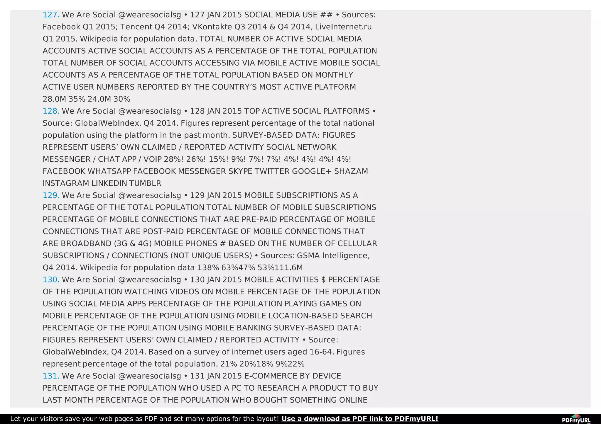 127. We Are Social @wearesocialsg • 127 JAN 2015 SOCIAL MEDIA USE ## • Sources:
Facebook Q1 2015; Tencent Q4 2014; VKontakte Q3 2014 & Q4 2014, LiveInternet.ru
Q1 2015. Wikipedia for population data. TOTAL NUMBER OF ACTIVE SOCIAL MEDIA
ACCOUNTS ACTIVE SOCIAL ACCOUNTS AS A PERCENTAGE OF THE TOTAL POPULATION
TOTAL NUMBER OF SOCIAL ACCOUNTS ACCESSING VIA MOBILE ACTIVE MOBILE SOCIAL
ACCOUNTS AS A PERCENTAGE OF THE TOTAL POPULATION BASED ON MONTHLY
ACTIVE USER NUMBERS REPORTED BY THE COUNTRY’S MOST ACTIVE PLATFORM
28.0M 35% 24.0M 30%
128. We Are Social @wearesocialsg • 128 JAN 2015 TOP ACTIVE SOCIAL PLATFORMS •
Source: GlobalWebIndex, Q4 2014. Figures represent percentage of the total national
population using the platform in the past month. SURVEY-BASED DATA: FIGURES
REPRESENT USERS’ OWN CLAIMED / REPORTED ACTIVITY SOCIAL NETWORK
MESSENGER / CHAT APP / VOIP 28%! 26%! 15%! 9%! 7%! 7%! 4%! 4%! 4%! 4%!
FACEBOOK WHATSAPP FACEBOOK MESSENGER SKYPE TWITTER GOOGLE+ SHAZAM
INSTAGRAM LINKEDIN TUMBLR
129. We Are Social @wearesocialsg • 129 JAN 2015 MOBILE SUBSCRIPTIONS AS A
PERCENTAGE OF THE TOTAL POPULATION TOTAL NUMBER OF MOBILE SUBSCRIPTIONS
PERCENTAGE OF MOBILE CONNECTIONS THAT ARE PRE-PAID PERCENTAGE OF MOBILE
CONNECTIONS THAT ARE POST-PAID PERCENTAGE OF MOBILE CONNECTIONS THAT
ARE BROADBAND (3G & 4G) MOBILE PHONES # BASED ON THE NUMBER OF CELLULAR
SUBSCRIPTIONS / CONNECTIONS (NOT UNIQUE USERS) • Sources: GSMA Intelligence,
Q4 2014. Wikipedia for population data 138% 63%47% 53%111.6M
130. We Are Social @wearesocialsg • 130 JAN 2015 MOBILE ACTIVITIES $ PERCENTAGE
OF THE POPULATION WATCHING VIDEOS ON MOBILE PERCENTAGE OF THE POPULATION
USING SOCIAL MEDIA APPS PERCENTAGE OF THE POPULATION PLAYING GAMES ON
MOBILE PERCENTAGE OF THE POPULATION USING MOBILE LOCATION-BASED SEARCH
PERCENTAGE OF THE POPULATION USING MOBILE BANKING SURVEY-BASED DATA:
FIGURES REPRESENT USERS’ OWN CLAIMED / REPORTED ACTIVITY • Source:
GlobalWebIndex, Q4 2014. Based on a survey of internet users aged 16-64. Figures
represent percentage of the total population. 21% 20%18% 9%22%
131. We Are Social @wearesocialsg • 131 JAN 2015 E-COMMERCE BY DEVICE
PERCENTAGE OF THE POPULATION WHO USED A PC TO RESEARCH A PRODUCT TO BUY
LAST MONTH PERCENTAGE OF THE POPULATION WHO BOUGHT SOMETHING ONLINE
Let your visitors save your web pages as PDF and set many options for the layout! Use a download as PDF link to PDFmyURL!
 