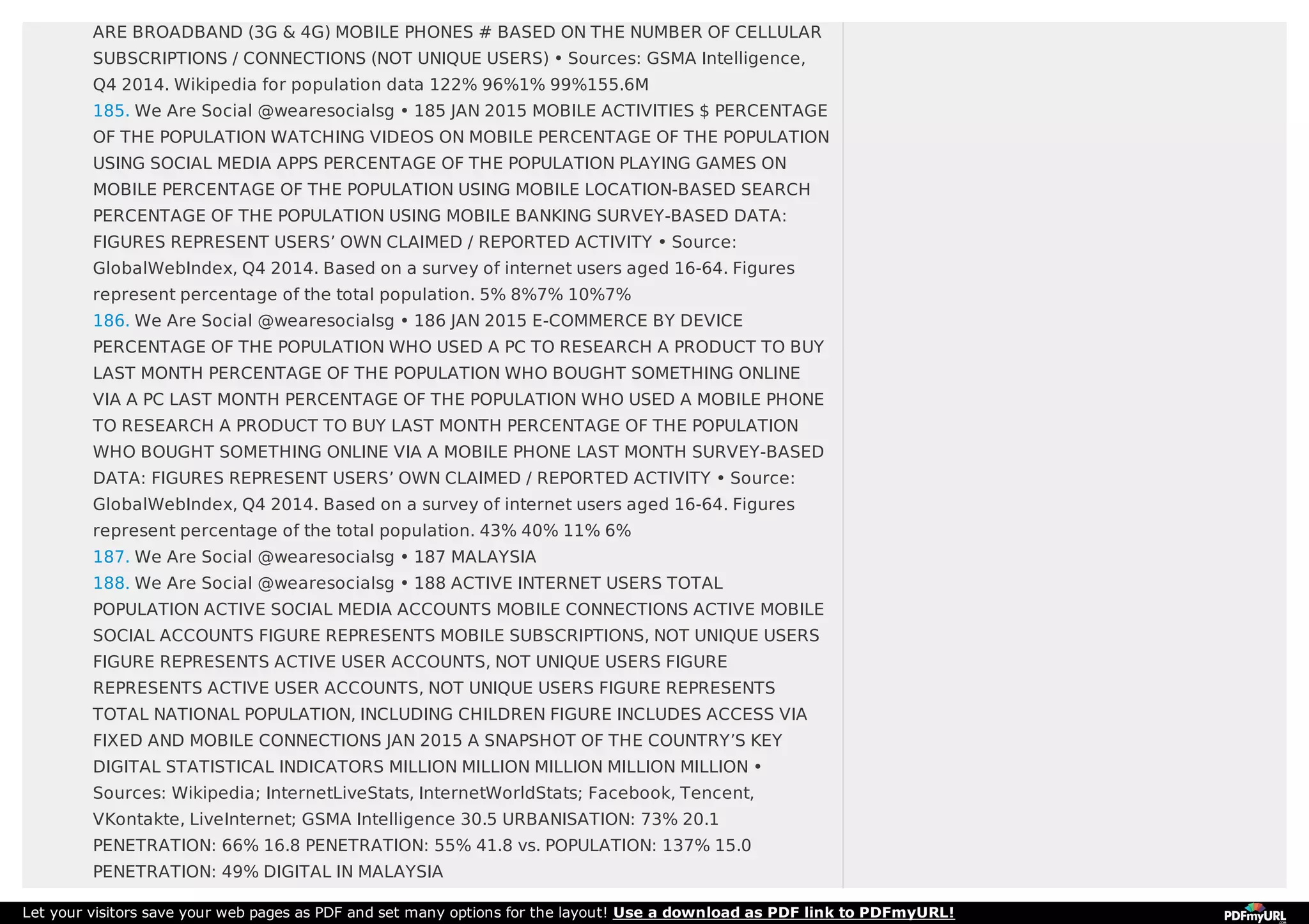 ARE BROADBAND (3G & 4G) MOBILE PHONES # BASED ON THE NUMBER OF CELLULAR
SUBSCRIPTIONS / CONNECTIONS (NOT UNIQUE USERS) • Sources: GSMA Intelligence,
Q4 2014. Wikipedia for population data 122% 96%1% 99%155.6M
185. We Are Social @wearesocialsg • 185 JAN 2015 MOBILE ACTIVITIES $ PERCENTAGE
OF THE POPULATION WATCHING VIDEOS ON MOBILE PERCENTAGE OF THE POPULATION
USING SOCIAL MEDIA APPS PERCENTAGE OF THE POPULATION PLAYING GAMES ON
MOBILE PERCENTAGE OF THE POPULATION USING MOBILE LOCATION-BASED SEARCH
PERCENTAGE OF THE POPULATION USING MOBILE BANKING SURVEY-BASED DATA:
FIGURES REPRESENT USERS’ OWN CLAIMED / REPORTED ACTIVITY • Source:
GlobalWebIndex, Q4 2014. Based on a survey of internet users aged 16-64. Figures
represent percentage of the total population. 5% 8%7% 10%7%
186. We Are Social @wearesocialsg • 186 JAN 2015 E-COMMERCE BY DEVICE
PERCENTAGE OF THE POPULATION WHO USED A PC TO RESEARCH A PRODUCT TO BUY
LAST MONTH PERCENTAGE OF THE POPULATION WHO BOUGHT SOMETHING ONLINE
VIA A PC LAST MONTH PERCENTAGE OF THE POPULATION WHO USED A MOBILE PHONE
TO RESEARCH A PRODUCT TO BUY LAST MONTH PERCENTAGE OF THE POPULATION
WHO BOUGHT SOMETHING ONLINE VIA A MOBILE PHONE LAST MONTH SURVEY-BASED
DATA: FIGURES REPRESENT USERS’ OWN CLAIMED / REPORTED ACTIVITY • Source:
GlobalWebIndex, Q4 2014. Based on a survey of internet users aged 16-64. Figures
represent percentage of the total population. 43% 40% 11% 6%
187. We Are Social @wearesocialsg • 187 MALAYSIA
188. We Are Social @wearesocialsg • 188 ACTIVE INTERNET USERS TOTAL
POPULATION ACTIVE SOCIAL MEDIA ACCOUNTS MOBILE CONNECTIONS ACTIVE MOBILE
SOCIAL ACCOUNTS FIGURE REPRESENTS MOBILE SUBSCRIPTIONS, NOT UNIQUE USERS
FIGURE REPRESENTS ACTIVE USER ACCOUNTS, NOT UNIQUE USERS FIGURE
REPRESENTS ACTIVE USER ACCOUNTS, NOT UNIQUE USERS FIGURE REPRESENTS
TOTAL NATIONAL POPULATION, INCLUDING CHILDREN FIGURE INCLUDES ACCESS VIA
FIXED AND MOBILE CONNECTIONS JAN 2015 A SNAPSHOT OF THE COUNTRY’S KEY
DIGITAL STATISTICAL INDICATORS MILLION MILLION MILLION MILLION MILLION •
Sources: Wikipedia; InternetLiveStats, InternetWorldStats; Facebook, Tencent,
VKontakte, LiveInternet; GSMA Intelligence 30.5 URBANISATION: 73% 20.1
PENETRATION: 66% 16.8 PENETRATION: 55% 41.8 vs. POPULATION: 137% 15.0
PENETRATION: 49% DIGITAL IN MALAYSIA
Let your visitors save your web pages as PDF and set many options for the layout! Use a download as PDF link to PDFmyURL!
 