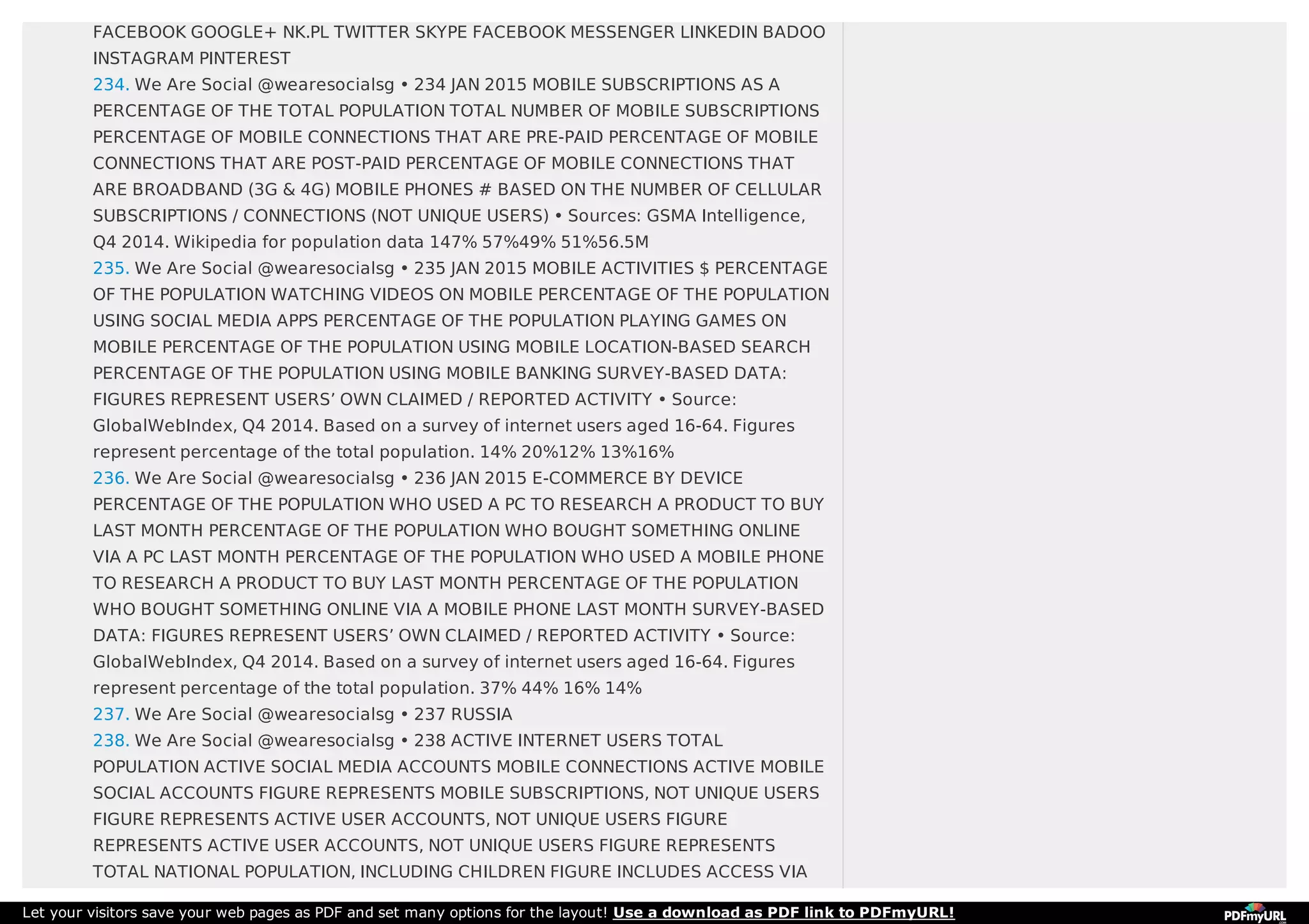 FACEBOOK GOOGLE+ NK.PL TWITTER SKYPE FACEBOOK MESSENGER LINKEDIN BADOO
INSTAGRAM PINTEREST
234. We Are Social @wearesocialsg • 234 JAN 2015 MOBILE SUBSCRIPTIONS AS A
PERCENTAGE OF THE TOTAL POPULATION TOTAL NUMBER OF MOBILE SUBSCRIPTIONS
PERCENTAGE OF MOBILE CONNECTIONS THAT ARE PRE-PAID PERCENTAGE OF MOBILE
CONNECTIONS THAT ARE POST-PAID PERCENTAGE OF MOBILE CONNECTIONS THAT
ARE BROADBAND (3G & 4G) MOBILE PHONES # BASED ON THE NUMBER OF CELLULAR
SUBSCRIPTIONS / CONNECTIONS (NOT UNIQUE USERS) • Sources: GSMA Intelligence,
Q4 2014. Wikipedia for population data 147% 57%49% 51%56.5M
235. We Are Social @wearesocialsg • 235 JAN 2015 MOBILE ACTIVITIES $ PERCENTAGE
OF THE POPULATION WATCHING VIDEOS ON MOBILE PERCENTAGE OF THE POPULATION
USING SOCIAL MEDIA APPS PERCENTAGE OF THE POPULATION PLAYING GAMES ON
MOBILE PERCENTAGE OF THE POPULATION USING MOBILE LOCATION-BASED SEARCH
PERCENTAGE OF THE POPULATION USING MOBILE BANKING SURVEY-BASED DATA:
FIGURES REPRESENT USERS’ OWN CLAIMED / REPORTED ACTIVITY • Source:
GlobalWebIndex, Q4 2014. Based on a survey of internet users aged 16-64. Figures
represent percentage of the total population. 14% 20%12% 13%16%
236. We Are Social @wearesocialsg • 236 JAN 2015 E-COMMERCE BY DEVICE
PERCENTAGE OF THE POPULATION WHO USED A PC TO RESEARCH A PRODUCT TO BUY
LAST MONTH PERCENTAGE OF THE POPULATION WHO BOUGHT SOMETHING ONLINE
VIA A PC LAST MONTH PERCENTAGE OF THE POPULATION WHO USED A MOBILE PHONE
TO RESEARCH A PRODUCT TO BUY LAST MONTH PERCENTAGE OF THE POPULATION
WHO BOUGHT SOMETHING ONLINE VIA A MOBILE PHONE LAST MONTH SURVEY-BASED
DATA: FIGURES REPRESENT USERS’ OWN CLAIMED / REPORTED ACTIVITY • Source:
GlobalWebIndex, Q4 2014. Based on a survey of internet users aged 16-64. Figures
represent percentage of the total population. 37% 44% 16% 14%
237. We Are Social @wearesocialsg • 237 RUSSIA
238. We Are Social @wearesocialsg • 238 ACTIVE INTERNET USERS TOTAL
POPULATION ACTIVE SOCIAL MEDIA ACCOUNTS MOBILE CONNECTIONS ACTIVE MOBILE
SOCIAL ACCOUNTS FIGURE REPRESENTS MOBILE SUBSCRIPTIONS, NOT UNIQUE USERS
FIGURE REPRESENTS ACTIVE USER ACCOUNTS, NOT UNIQUE USERS FIGURE
REPRESENTS ACTIVE USER ACCOUNTS, NOT UNIQUE USERS FIGURE REPRESENTS
TOTAL NATIONAL POPULATION, INCLUDING CHILDREN FIGURE INCLUDES ACCESS VIA
Let your visitors save your web pages as PDF and set many options for the layout! Use a download as PDF link to PDFmyURL!
 