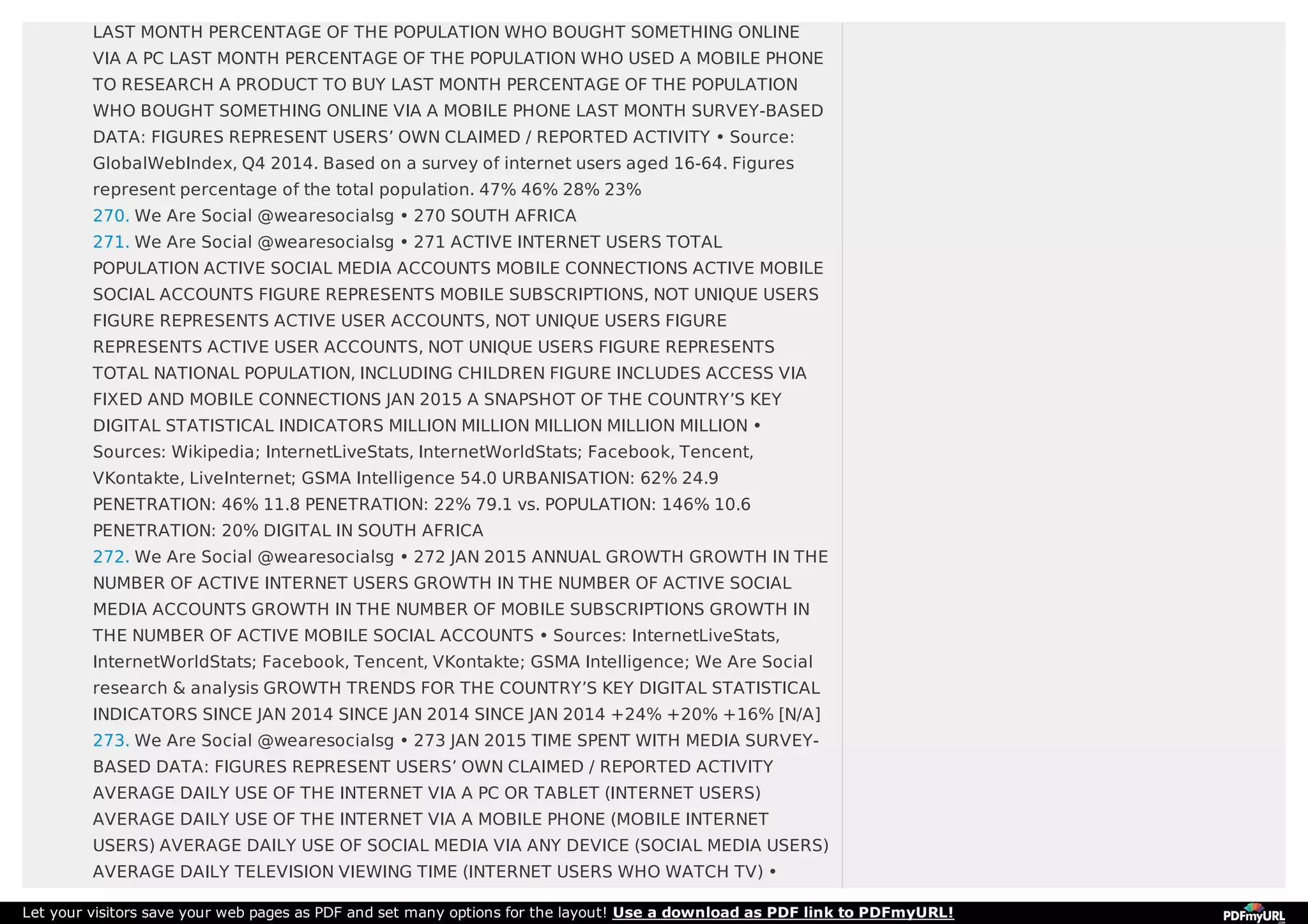 LAST MONTH PERCENTAGE OF THE POPULATION WHO BOUGHT SOMETHING ONLINE
VIA A PC LAST MONTH PERCENTAGE OF THE POPULATION WHO USED A MOBILE PHONE
TO RESEARCH A PRODUCT TO BUY LAST MONTH PERCENTAGE OF THE POPULATION
WHO BOUGHT SOMETHING ONLINE VIA A MOBILE PHONE LAST MONTH SURVEY-BASED
DATA: FIGURES REPRESENT USERS’ OWN CLAIMED / REPORTED ACTIVITY • Source:
GlobalWebIndex, Q4 2014. Based on a survey of internet users aged 16-64. Figures
represent percentage of the total population. 47% 46% 28% 23%
270. We Are Social @wearesocialsg • 270 SOUTH AFRICA
271. We Are Social @wearesocialsg • 271 ACTIVE INTERNET USERS TOTAL
POPULATION ACTIVE SOCIAL MEDIA ACCOUNTS MOBILE CONNECTIONS ACTIVE MOBILE
SOCIAL ACCOUNTS FIGURE REPRESENTS MOBILE SUBSCRIPTIONS, NOT UNIQUE USERS
FIGURE REPRESENTS ACTIVE USER ACCOUNTS, NOT UNIQUE USERS FIGURE
REPRESENTS ACTIVE USER ACCOUNTS, NOT UNIQUE USERS FIGURE REPRESENTS
TOTAL NATIONAL POPULATION, INCLUDING CHILDREN FIGURE INCLUDES ACCESS VIA
FIXED AND MOBILE CONNECTIONS JAN 2015 A SNAPSHOT OF THE COUNTRY’S KEY
DIGITAL STATISTICAL INDICATORS MILLION MILLION MILLION MILLION MILLION •
Sources: Wikipedia; InternetLiveStats, InternetWorldStats; Facebook, Tencent,
VKontakte, LiveInternet; GSMA Intelligence 54.0 URBANISATION: 62% 24.9
PENETRATION: 46% 11.8 PENETRATION: 22% 79.1 vs. POPULATION: 146% 10.6
PENETRATION: 20% DIGITAL IN SOUTH AFRICA
272. We Are Social @wearesocialsg • 272 JAN 2015 ANNUAL GROWTH GROWTH IN THE
NUMBER OF ACTIVE INTERNET USERS GROWTH IN THE NUMBER OF ACTIVE SOCIAL
MEDIA ACCOUNTS GROWTH IN THE NUMBER OF MOBILE SUBSCRIPTIONS GROWTH IN
THE NUMBER OF ACTIVE MOBILE SOCIAL ACCOUNTS • Sources: InternetLiveStats,
InternetWorldStats; Facebook, Tencent, VKontakte; GSMA Intelligence; We Are Social
research & analysis GROWTH TRENDS FOR THE COUNTRY’S KEY DIGITAL STATISTICAL
INDICATORS SINCE JAN 2014 SINCE JAN 2014 SINCE JAN 2014 +24% +20% +16% [N/A]
273. We Are Social @wearesocialsg • 273 JAN 2015 TIME SPENT WITH MEDIA SURVEY-
BASED DATA: FIGURES REPRESENT USERS’ OWN CLAIMED / REPORTED ACTIVITY
AVERAGE DAILY USE OF THE INTERNET VIA A PC OR TABLET (INTERNET USERS)
AVERAGE DAILY USE OF THE INTERNET VIA A MOBILE PHONE (MOBILE INTERNET
USERS) AVERAGE DAILY USE OF SOCIAL MEDIA VIA ANY DEVICE (SOCIAL MEDIA USERS)
AVERAGE DAILY TELEVISION VIEWING TIME (INTERNET USERS WHO WATCH TV) •
Let your visitors save your web pages as PDF and set many options for the layout! Use a download as PDF link to PDFmyURL!
 