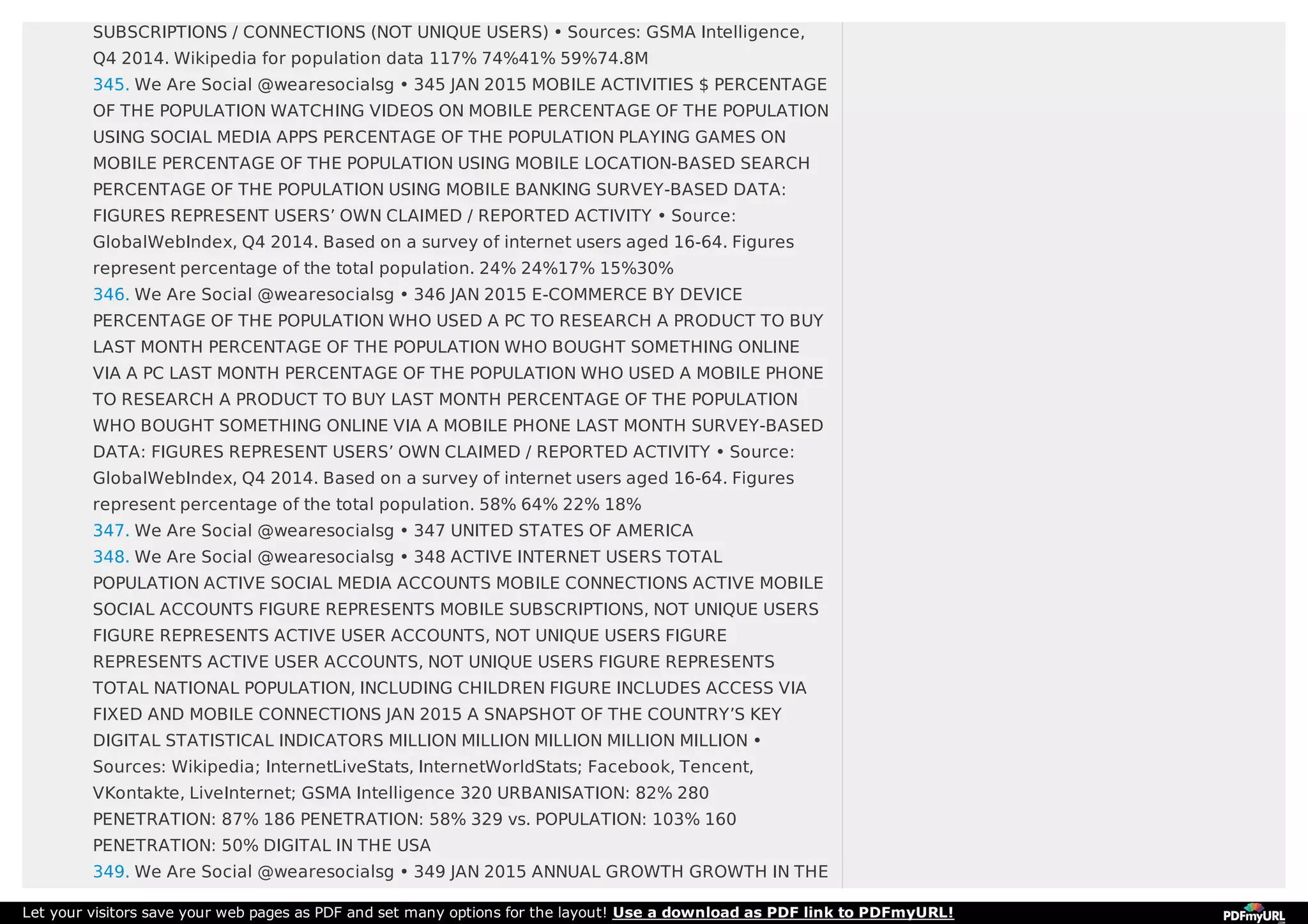 SUBSCRIPTIONS / CONNECTIONS (NOT UNIQUE USERS) • Sources: GSMA Intelligence,
Q4 2014. Wikipedia for population data 117% 74%41% 59%74.8M
345. We Are Social @wearesocialsg • 345 JAN 2015 MOBILE ACTIVITIES $ PERCENTAGE
OF THE POPULATION WATCHING VIDEOS ON MOBILE PERCENTAGE OF THE POPULATION
USING SOCIAL MEDIA APPS PERCENTAGE OF THE POPULATION PLAYING GAMES ON
MOBILE PERCENTAGE OF THE POPULATION USING MOBILE LOCATION-BASED SEARCH
PERCENTAGE OF THE POPULATION USING MOBILE BANKING SURVEY-BASED DATA:
FIGURES REPRESENT USERS’ OWN CLAIMED / REPORTED ACTIVITY • Source:
GlobalWebIndex, Q4 2014. Based on a survey of internet users aged 16-64. Figures
represent percentage of the total population. 24% 24%17% 15%30%
346. We Are Social @wearesocialsg • 346 JAN 2015 E-COMMERCE BY DEVICE
PERCENTAGE OF THE POPULATION WHO USED A PC TO RESEARCH A PRODUCT TO BUY
LAST MONTH PERCENTAGE OF THE POPULATION WHO BOUGHT SOMETHING ONLINE
VIA A PC LAST MONTH PERCENTAGE OF THE POPULATION WHO USED A MOBILE PHONE
TO RESEARCH A PRODUCT TO BUY LAST MONTH PERCENTAGE OF THE POPULATION
WHO BOUGHT SOMETHING ONLINE VIA A MOBILE PHONE LAST MONTH SURVEY-BASED
DATA: FIGURES REPRESENT USERS’ OWN CLAIMED / REPORTED ACTIVITY • Source:
GlobalWebIndex, Q4 2014. Based on a survey of internet users aged 16-64. Figures
represent percentage of the total population. 58% 64% 22% 18%
347. We Are Social @wearesocialsg • 347 UNITED STATES OF AMERICA
348. We Are Social @wearesocialsg • 348 ACTIVE INTERNET USERS TOTAL
POPULATION ACTIVE SOCIAL MEDIA ACCOUNTS MOBILE CONNECTIONS ACTIVE MOBILE
SOCIAL ACCOUNTS FIGURE REPRESENTS MOBILE SUBSCRIPTIONS, NOT UNIQUE USERS
FIGURE REPRESENTS ACTIVE USER ACCOUNTS, NOT UNIQUE USERS FIGURE
REPRESENTS ACTIVE USER ACCOUNTS, NOT UNIQUE USERS FIGURE REPRESENTS
TOTAL NATIONAL POPULATION, INCLUDING CHILDREN FIGURE INCLUDES ACCESS VIA
FIXED AND MOBILE CONNECTIONS JAN 2015 A SNAPSHOT OF THE COUNTRY’S KEY
DIGITAL STATISTICAL INDICATORS MILLION MILLION MILLION MILLION MILLION •
Sources: Wikipedia; InternetLiveStats, InternetWorldStats; Facebook, Tencent,
VKontakte, LiveInternet; GSMA Intelligence 320 URBANISATION: 82% 280
PENETRATION: 87% 186 PENETRATION: 58% 329 vs. POPULATION: 103% 160
PENETRATION: 50% DIGITAL IN THE USA
349. We Are Social @wearesocialsg • 349 JAN 2015 ANNUAL GROWTH GROWTH IN THE
Let your visitors save your web pages as PDF and set many options for the layout! Use a download as PDF link to PDFmyURL!
 