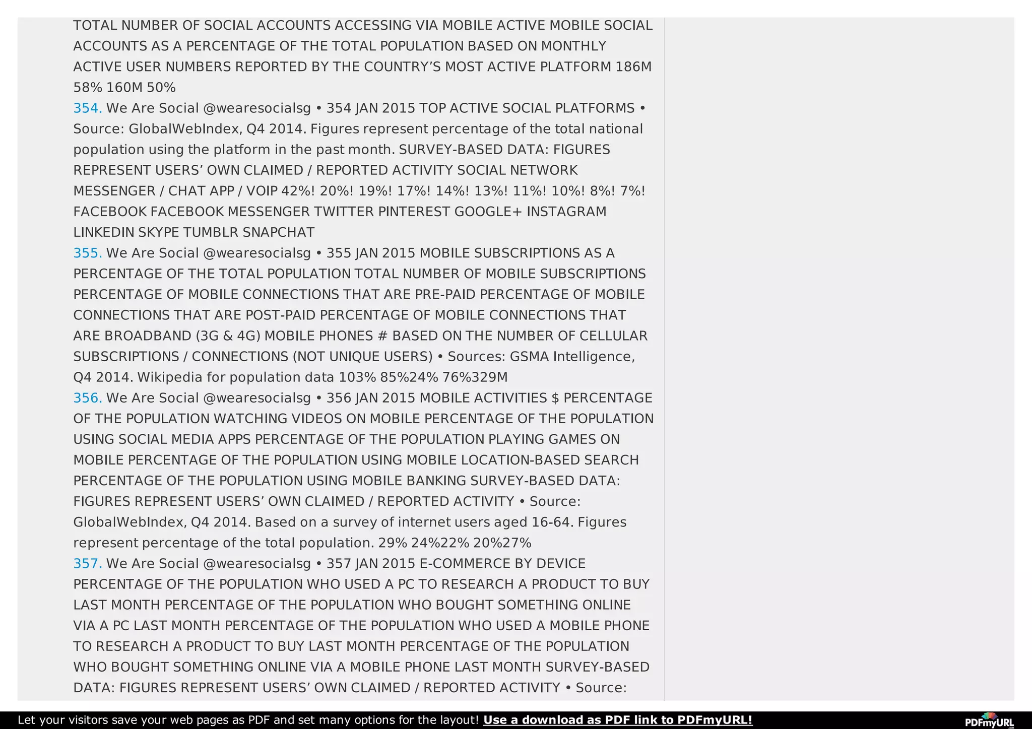 TOTAL NUMBER OF SOCIAL ACCOUNTS ACCESSING VIA MOBILE ACTIVE MOBILE SOCIAL
ACCOUNTS AS A PERCENTAGE OF THE TOTAL POPULATION BASED ON MONTHLY
ACTIVE USER NUMBERS REPORTED BY THE COUNTRY’S MOST ACTIVE PLATFORM 186M
58% 160M 50%
354. We Are Social @wearesocialsg • 354 JAN 2015 TOP ACTIVE SOCIAL PLATFORMS •
Source: GlobalWebIndex, Q4 2014. Figures represent percentage of the total national
population using the platform in the past month. SURVEY-BASED DATA: FIGURES
REPRESENT USERS’ OWN CLAIMED / REPORTED ACTIVITY SOCIAL NETWORK
MESSENGER / CHAT APP / VOIP 42%! 20%! 19%! 17%! 14%! 13%! 11%! 10%! 8%! 7%!
FACEBOOK FACEBOOK MESSENGER TWITTER PINTEREST GOOGLE+ INSTAGRAM
LINKEDIN SKYPE TUMBLR SNAPCHAT
355. We Are Social @wearesocialsg • 355 JAN 2015 MOBILE SUBSCRIPTIONS AS A
PERCENTAGE OF THE TOTAL POPULATION TOTAL NUMBER OF MOBILE SUBSCRIPTIONS
PERCENTAGE OF MOBILE CONNECTIONS THAT ARE PRE-PAID PERCENTAGE OF MOBILE
CONNECTIONS THAT ARE POST-PAID PERCENTAGE OF MOBILE CONNECTIONS THAT
ARE BROADBAND (3G & 4G) MOBILE PHONES # BASED ON THE NUMBER OF CELLULAR
SUBSCRIPTIONS / CONNECTIONS (NOT UNIQUE USERS) • Sources: GSMA Intelligence,
Q4 2014. Wikipedia for population data 103% 85%24% 76%329M
356. We Are Social @wearesocialsg • 356 JAN 2015 MOBILE ACTIVITIES $ PERCENTAGE
OF THE POPULATION WATCHING VIDEOS ON MOBILE PERCENTAGE OF THE POPULATION
USING SOCIAL MEDIA APPS PERCENTAGE OF THE POPULATION PLAYING GAMES ON
MOBILE PERCENTAGE OF THE POPULATION USING MOBILE LOCATION-BASED SEARCH
PERCENTAGE OF THE POPULATION USING MOBILE BANKING SURVEY-BASED DATA:
FIGURES REPRESENT USERS’ OWN CLAIMED / REPORTED ACTIVITY • Source:
GlobalWebIndex, Q4 2014. Based on a survey of internet users aged 16-64. Figures
represent percentage of the total population. 29% 24%22% 20%27%
357. We Are Social @wearesocialsg • 357 JAN 2015 E-COMMERCE BY DEVICE
PERCENTAGE OF THE POPULATION WHO USED A PC TO RESEARCH A PRODUCT TO BUY
LAST MONTH PERCENTAGE OF THE POPULATION WHO BOUGHT SOMETHING ONLINE
VIA A PC LAST MONTH PERCENTAGE OF THE POPULATION WHO USED A MOBILE PHONE
TO RESEARCH A PRODUCT TO BUY LAST MONTH PERCENTAGE OF THE POPULATION
WHO BOUGHT SOMETHING ONLINE VIA A MOBILE PHONE LAST MONTH SURVEY-BASED
DATA: FIGURES REPRESENT USERS’ OWN CLAIMED / REPORTED ACTIVITY • Source:
Let your visitors save your web pages as PDF and set many options for the layout! Use a download as PDF link to PDFmyURL!
 