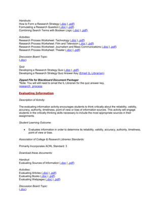 Handouts:
How to Form a Research Strategy (.doc | .pdf)
Formulating a Research Question (.doc | .pdf)
Combining Search Terms with Boolean Logic (.doc | .pdf)

Activities:
Research Process Worksheet: Technology (.doc | .pdf)
Research Process Worksheet: Film and Television (.doc | .pdf)
Research Process Worksheet: Journalism and Mass Communications (.doc | .pdf)
Research Process Worksheet: Theater (.doc | .pdf)

Discussion Board Topic:
(.doc)

Quiz
Developing a Research Strategy Quiz (.doc | .pdf)
Developing a Research Strategy Quiz Answer Key (Email IL Librarian)

Zipped File for Blackboard Document Packager
*Note: You will still need to email the IL Librarian for the quiz answer key.
research_process

Evaluating Information

Description of Activity:

The evaluating information activity encourages students to think critically about the reliability, validity,
accuracy, authority, timeliness, point of view or bias of information sources. This activity will engage
students in the critically thinking skills necessary to include the most appropriate sources in their
assignments.

Student Learning Outcome:

        Evaluates information in order to determine its reliability, validity, accuracy, authority, timeliness,
        point of view or bias.

Association of College & Research Libraries Standards:

Primarily Incorporates ACRL Standard: 3

Download these documents:

Handout:
Evaluating Sources of Information (.doc | .pdf)

Activities:
Evaluating Articles (.doc | .pdf)
Evaluating Books (.doc | .pdf)
Evaluating Webpages (.doc | .pdf)

Discussion Board Topic:
(.doc)
 
