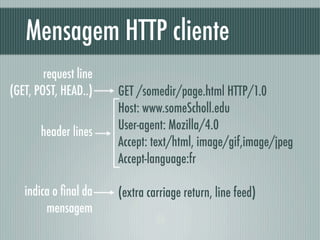 Mensagem HTTP cliente
        request line
(GET, POST, HEAD..)    GET /somedir/page.html HTTP/1.0
                       Host: www.someScholl.edu
                       User-agent: Mozilla/4.0
       header lines
                       Accept: text/html, image/gif,image/jpeg
                       Accept-language:fr

   indica o ﬁnal da    (extra carriage return, line feed)
        mensagem
 