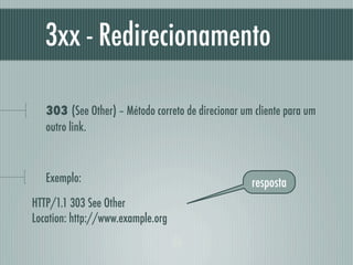 3xx - Redirecionamento

   303 (See Other) – Método correto de direcionar um cliente para um
   outro link.



   Exemplo:                                         resposta
HTTP/1.1 303 See Other
Location: http://www.example.org
 