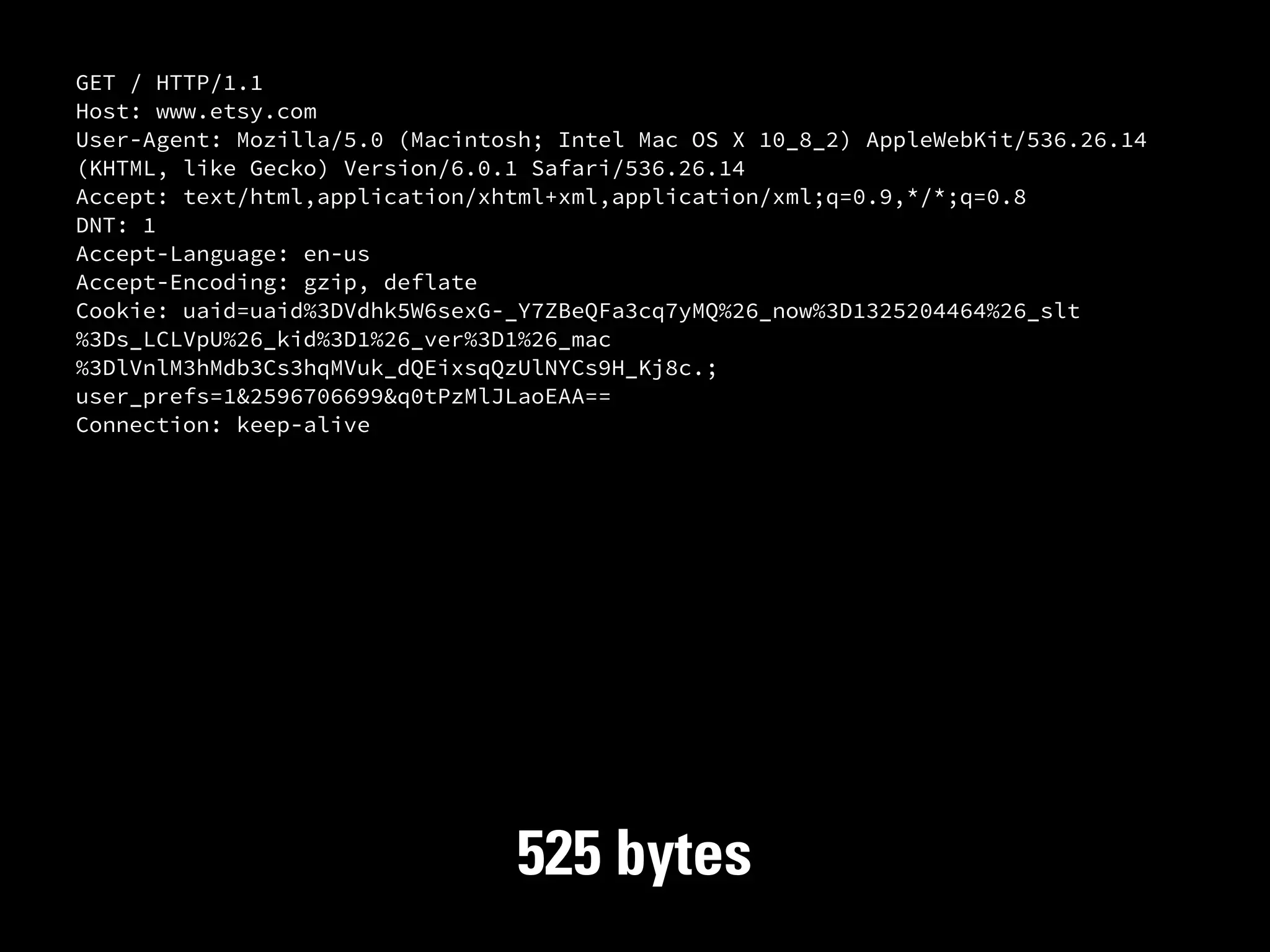 GET / HTTP/1.1
Host: www.etsy.com
User-Agent: Mozilla/5.0 (Macintosh; Intel Mac OS X 10_8_2) AppleWebKit/536.26.14
(KHTML, like Gecko) Version/6.0.1 Safari/536.26.14
Accept: text/html,application/xhtml+xml,application/xml;q=0.9,*/*;q=0.8
DNT: 1
Accept-Language: en-us
Accept-Encoding: gzip, deflate
Cookie: uaid=uaid%3DVdhk5W6sexG-_Y7ZBeQFa3cq7yMQ%26_now%3D1325204464%26_slt
%3Ds_LCLVpU%26_kid%3D1%26_ver%3D1%26_mac
%3DlVnlM3hMdb3Cs3hqMVuk_dQEixsqQzUlNYCs9H_Kj8c.;
user_prefs=1&2596706699&q0tPzMlJLaoEAA==
Connection: keep-alive




                                525 bytes
 