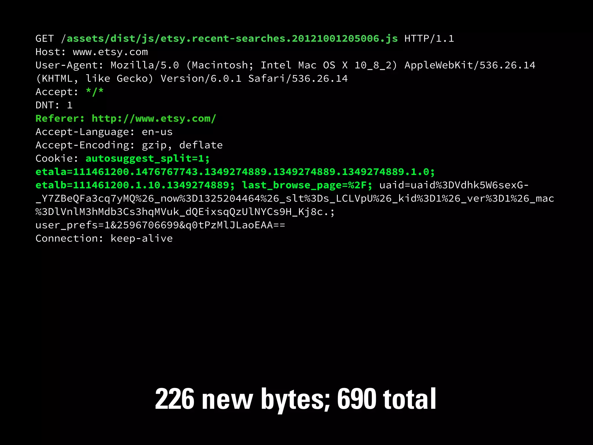 GET /assets/dist/js/etsy.recent-searches.20121001205006.js HTTP/1.1
Host: www.etsy.com
User-Agent: Mozilla/5.0 (Macintosh; Intel Mac OS X 10_8_2) AppleWebKit/536.26.14
(KHTML, like Gecko) Version/6.0.1 Safari/536.26.14
Accept: */*
DNT: 1
Referer: http://www.etsy.com/
Accept-Language: en-us
Accept-Encoding: gzip, deflate
Cookie: autosuggest_split=1;
etala=111461200.1476767743.1349274889.1349274889.1349274889.1.0;
etalb=111461200.1.10.1349274889; last_browse_page=%2F; uaid=uaid%3DVdhk5W6sexG-
_Y7ZBeQFa3cq7yMQ%26_now%3D1325204464%26_slt%3Ds_LCLVpU%26_kid%3D1%26_ver%3D1%26_mac
%3DlVnlM3hMdb3Cs3hqMVuk_dQEixsqQzUlNYCs9H_Kj8c.;
user_prefs=1&2596706699&q0tPzMlJLaoEAA==
Connection: keep-alive




                   226 new bytes; 690 total
 