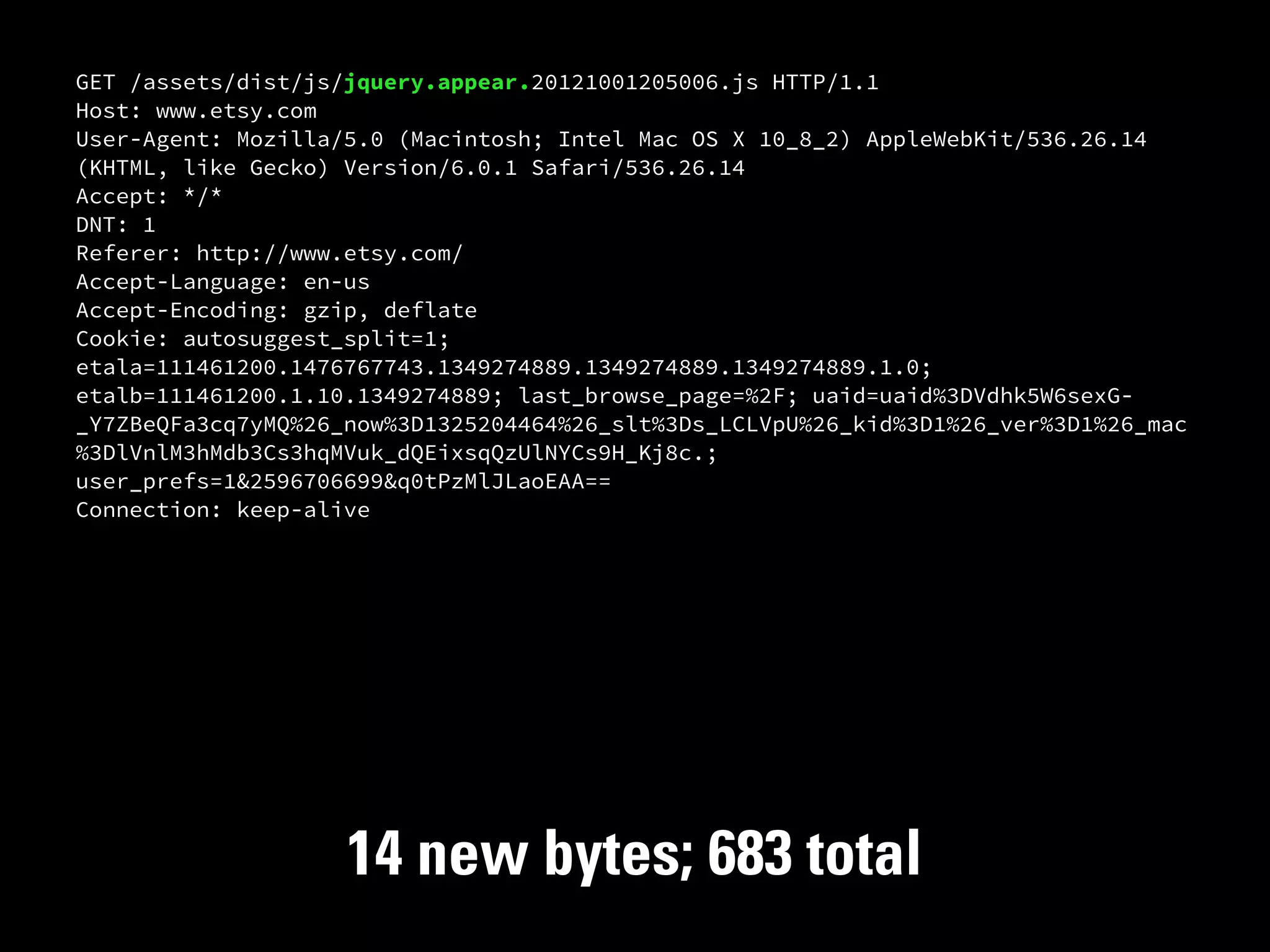 GET /assets/dist/js/jquery.appear.20121001205006.js HTTP/1.1
Host: www.etsy.com
User-Agent: Mozilla/5.0 (Macintosh; Intel Mac OS X 10_8_2) AppleWebKit/536.26.14
(KHTML, like Gecko) Version/6.0.1 Safari/536.26.14
Accept: */*
DNT: 1
Referer: http://www.etsy.com/
Accept-Language: en-us
Accept-Encoding: gzip, deflate
Cookie: autosuggest_split=1;
etala=111461200.1476767743.1349274889.1349274889.1349274889.1.0;
etalb=111461200.1.10.1349274889; last_browse_page=%2F; uaid=uaid%3DVdhk5W6sexG-
_Y7ZBeQFa3cq7yMQ%26_now%3D1325204464%26_slt%3Ds_LCLVpU%26_kid%3D1%26_ver%3D1%26_mac
%3DlVnlM3hMdb3Cs3hqMVuk_dQEixsqQzUlNYCs9H_Kj8c.;
user_prefs=1&2596706699&q0tPzMlJLaoEAA==
Connection: keep-alive




                    14 new bytes; 683 total
 