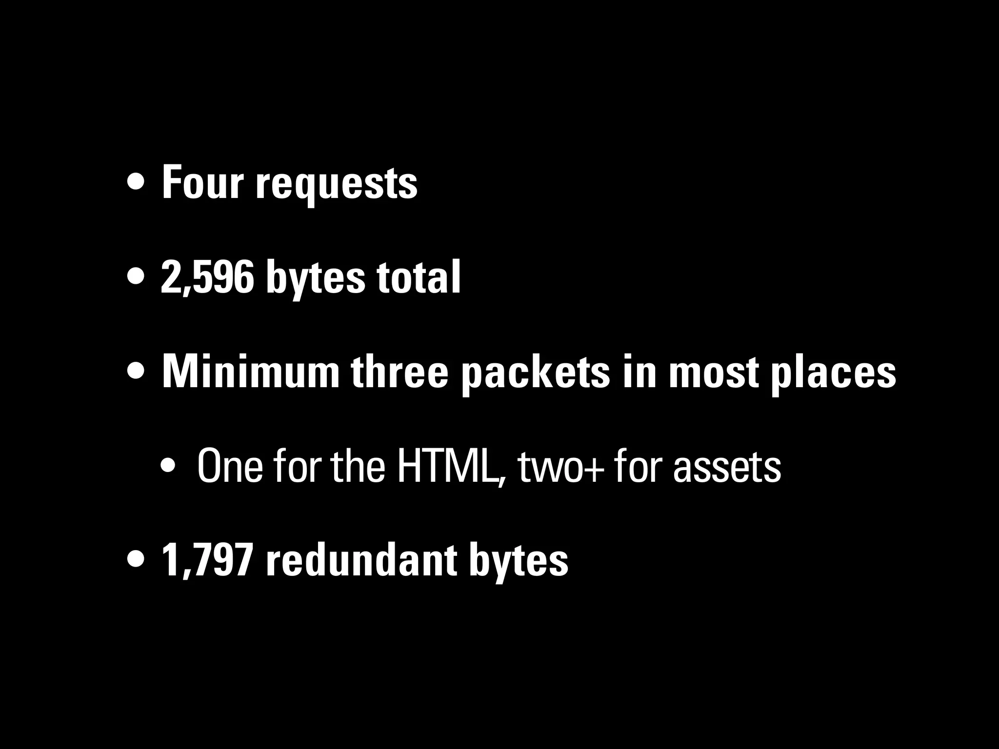 • Four requests

• 2,596 bytes total

• Minimum three packets in most places

 • One for the HTML, two+ for assets

• 1,797 redundant bytes
 