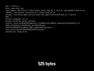 GET / HTTP/1.1
Host: www.etsy.com
User-Agent: Mozilla/5.0 (Macintosh; Intel Mac OS X 10_8_2) AppleWebKit/536.26.14
(KHTML, like Gecko) Version/6.0.1 Safari/536.26.14
Accept: text/html,application/xhtml+xml,application/xml;q=0.9,*/*;q=0.8
DNT: 1
Accept-Language: en-us
Accept-Encoding: gzip, deflate
Cookie: uaid=uaid%3DVdhk5W6sexG-_Y7ZBeQFa3cq7yMQ%26_now%3D1325204464%26_slt
%3Ds_LCLVpU%26_kid%3D1%26_ver%3D1%26_mac
%3DlVnlM3hMdb3Cs3hqMVuk_dQEixsqQzUlNYCs9H_Kj8c.;
user_prefs=1&2596706699&q0tPzMlJLaoEAA==
Connection: keep-alive




                                525 bytes
 