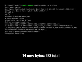 GET /assets/dist/js/jquery.appear.20121001205006.js HTTP/1.1
Host: www.etsy.com
User-Agent: Mozilla/5.0 (Macintosh; Intel Mac OS X 10_8_2) AppleWebKit/536.26.14
(KHTML, like Gecko) Version/6.0.1 Safari/536.26.14
Accept: */*
DNT: 1
Referer: http://www.etsy.com/
Accept-Language: en-us
Accept-Encoding: gzip, deflate
Cookie: autosuggest_split=1;
etala=111461200.1476767743.1349274889.1349274889.1349274889.1.0;
etalb=111461200.1.10.1349274889; last_browse_page=%2F; uaid=uaid%3DVdhk5W6sexG-
_Y7ZBeQFa3cq7yMQ%26_now%3D1325204464%26_slt%3Ds_LCLVpU%26_kid%3D1%26_ver%3D1%26_mac
%3DlVnlM3hMdb3Cs3hqMVuk_dQEixsqQzUlNYCs9H_Kj8c.;
user_prefs=1&2596706699&q0tPzMlJLaoEAA==
Connection: keep-alive




                    14 new bytes; 683 total
 