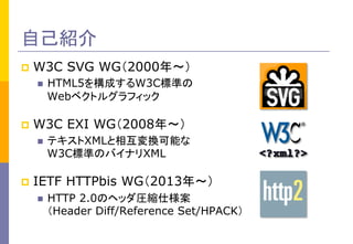 自己紹介
p  W3C
n 

SVG WG（2000年～）	

HTML5を構成するW3C標準の
Webベクトルグラフィック

	

p  W3C
n 

EXI WG（2008年～）	

テキストXMLと相互変換可能な
W3C標準の...