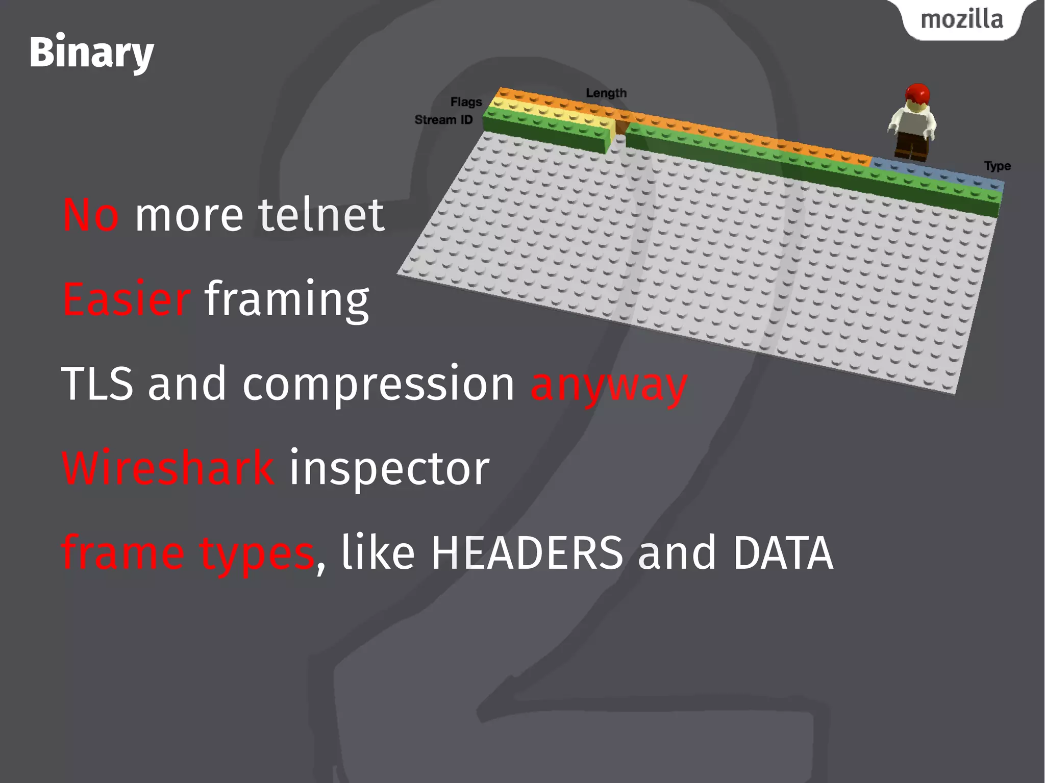 Binary
No more telnet
Easier framing
TLS and compression anyway
Wireshark inspector
frame types, like HEADERS and DATA
 