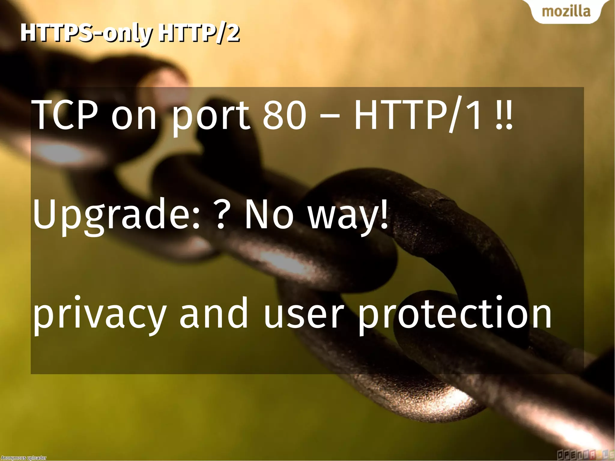 HTTPS-only HTTP/2HTTPS-only HTTP/2
TCP on port 80 – HTTP/1 !!
Upgrade: ? No way!
privacy and user protection
 